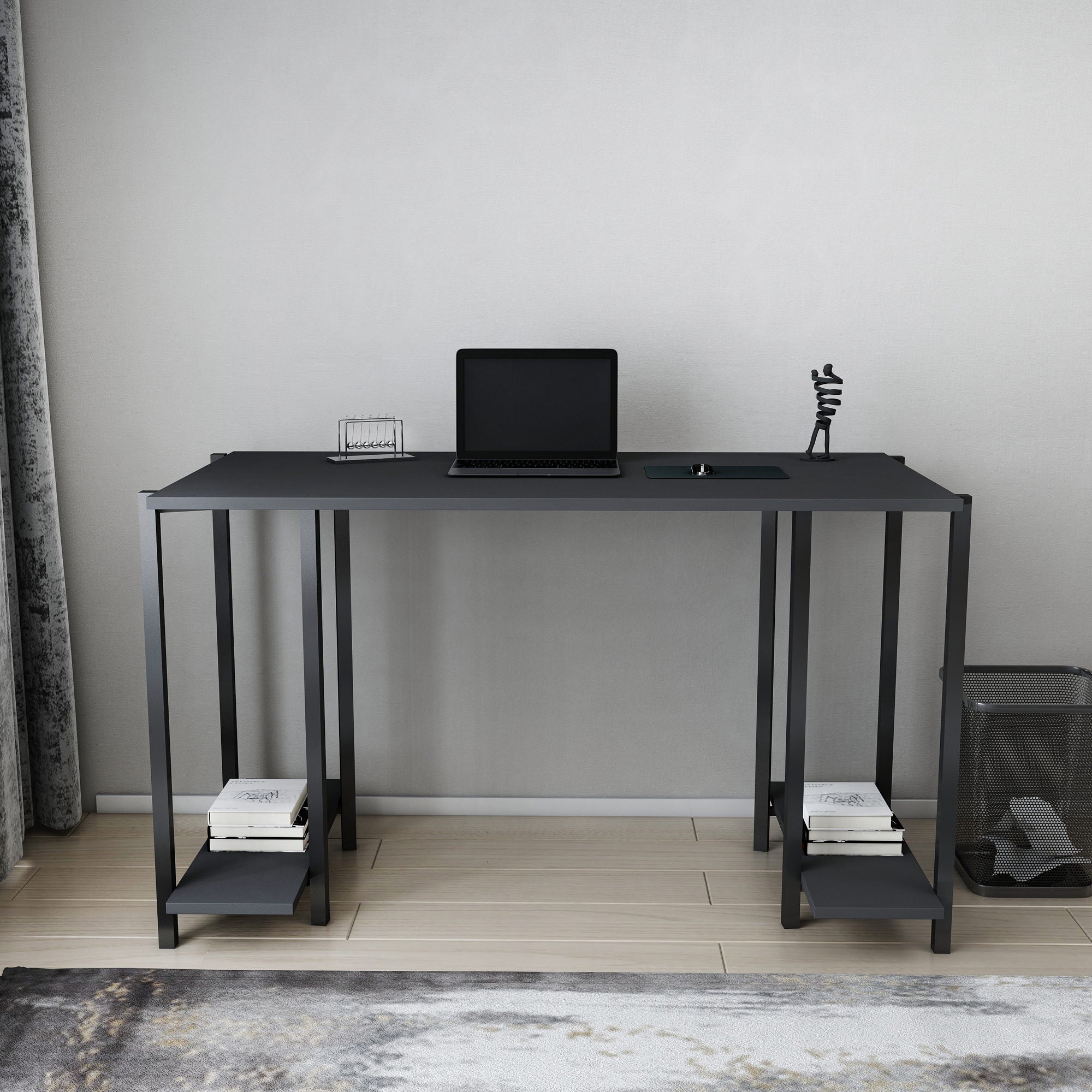Secretária de Estudo/Escritório Moderna, Preta e Antracite, 125,2 x 60 x 73,8 cm | Painel de Partículas 100% Revestido em Melamina, 18 mm de Espessura | Ideal para Escritórios Domésticos e Espaços Industriais