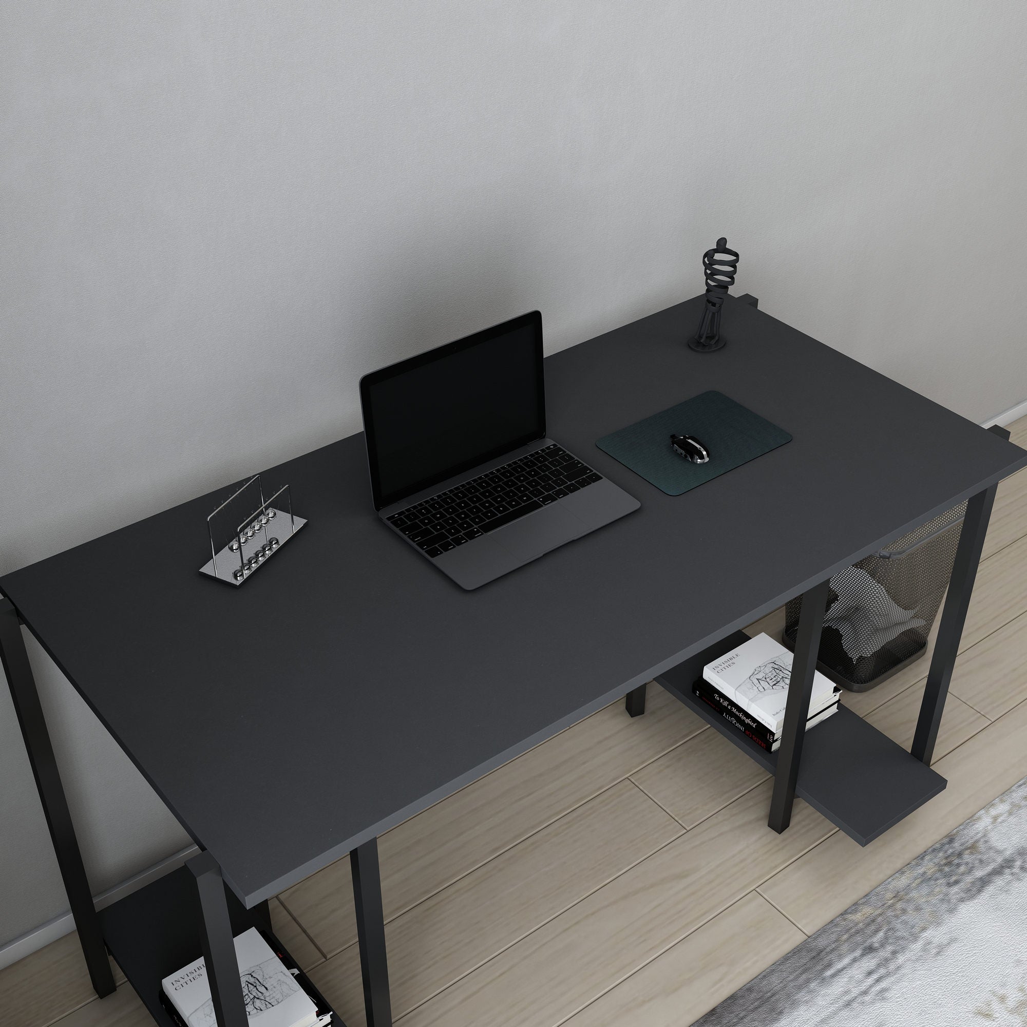 Secretária de Estudo/Escritório Moderna, Preta e Antracite, 125,2 x 60 x 73,8 cm | Painel de Partículas 100% Revestido em Melamina, 18 mm de Espessura | Ideal para Escritórios Domésticos e Espaços Industriais