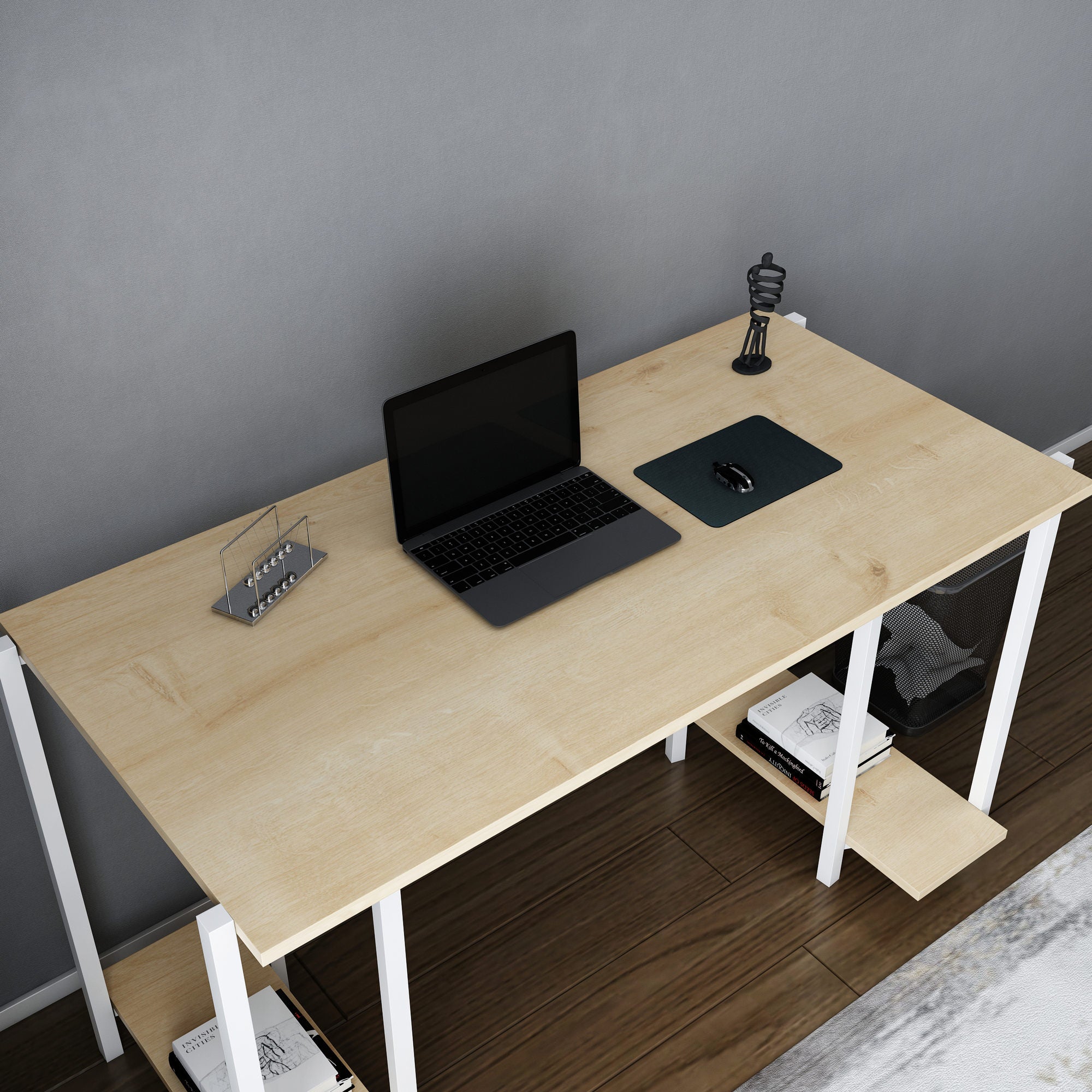 Secretária de Estudo/Escritório Moderna, Branca e Carvalho, 125,2 x 60 x 73,8 cm | Painel de Partículas 100% Revestido em Melamina, 18 mm de Espessura | Design Escandinavo Elegante para Casa e Escritório