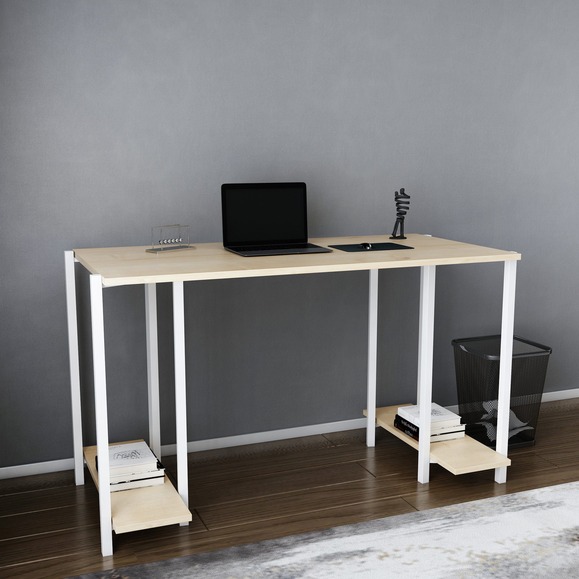Secretária de Estudo/Escritório Moderna, Branca e Carvalho, 125,2 x 60 x 73,8 cm | Painel de Partículas 100% Revestido em Melamina, 18 mm de Espessura | Design Escandinavo Elegante para Casa e Escritório