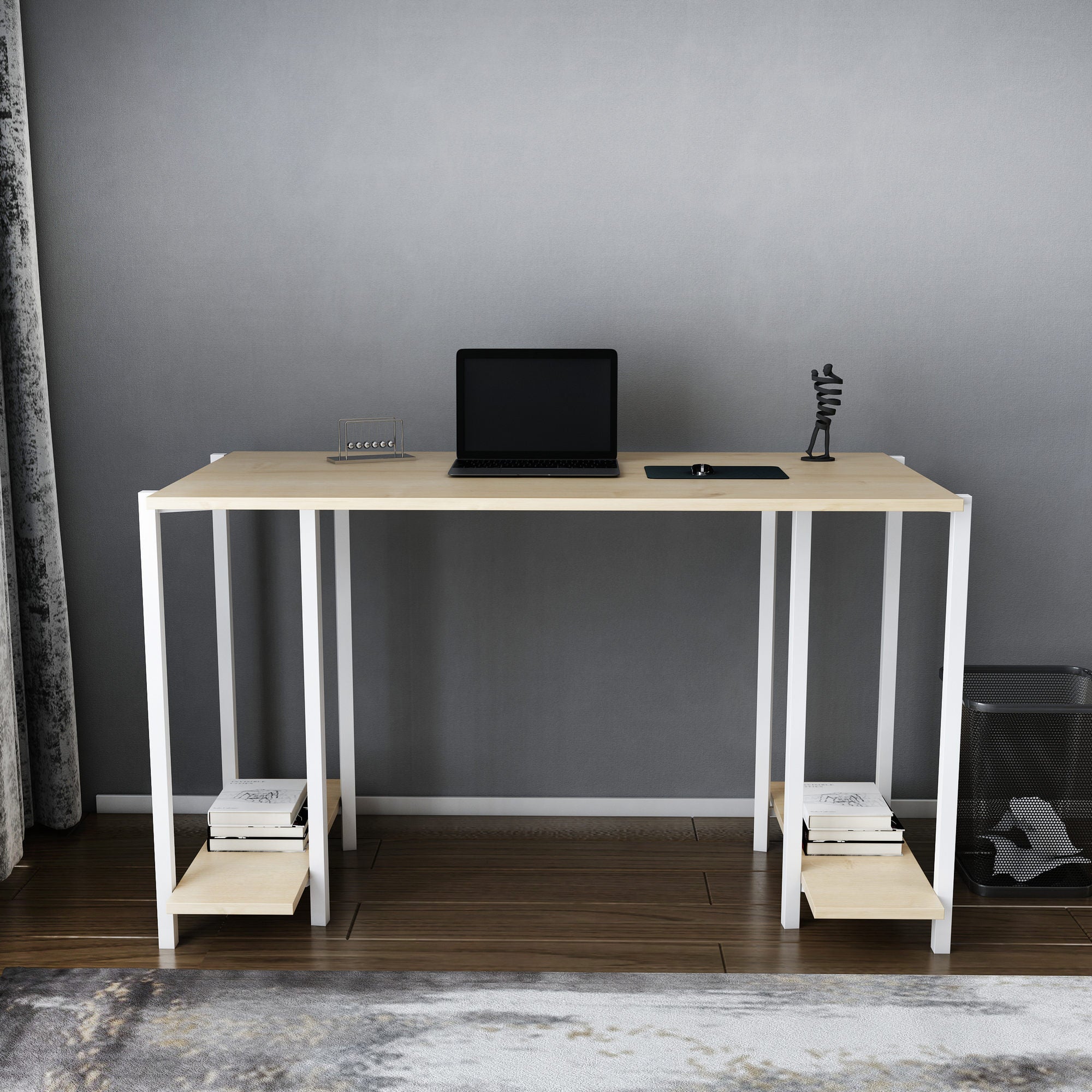 Secretária de Estudo/Escritório Moderna, Branca e Carvalho, 125,2 x 60 x 73,8 cm | Painel de Partículas 100% Revestido em Melamina, 18 mm de Espessura | Design Escandinavo Elegante para Casa e Escritório