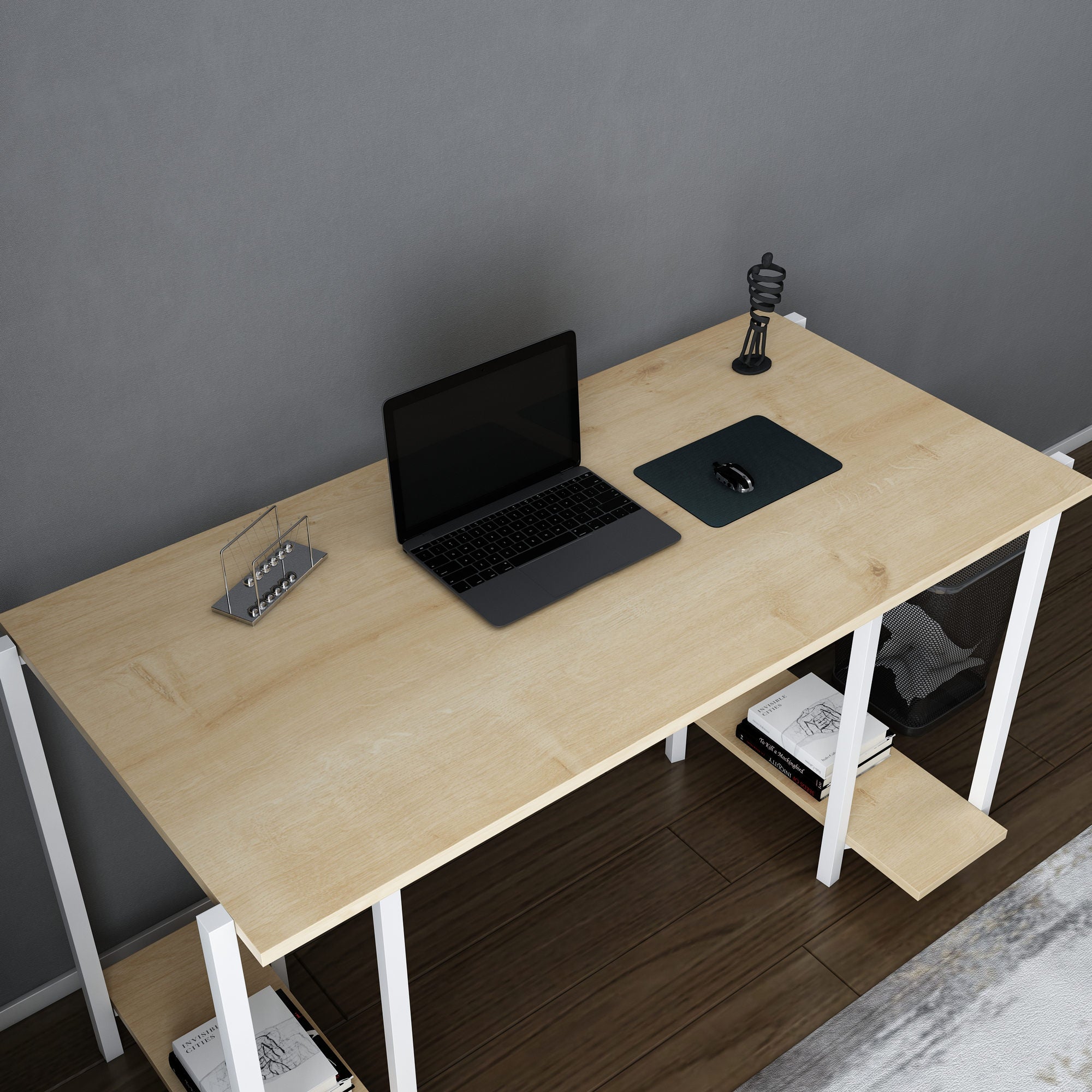 Secretária de Estudo/Escritório Moderna, Branca e Carvalho, 125,2 x 60 x 73,8 cm | Painel de Partículas 100% Revestido em Melamina, 18 mm de Espessura | Design Escandinavo Elegante para Casa e Escritório