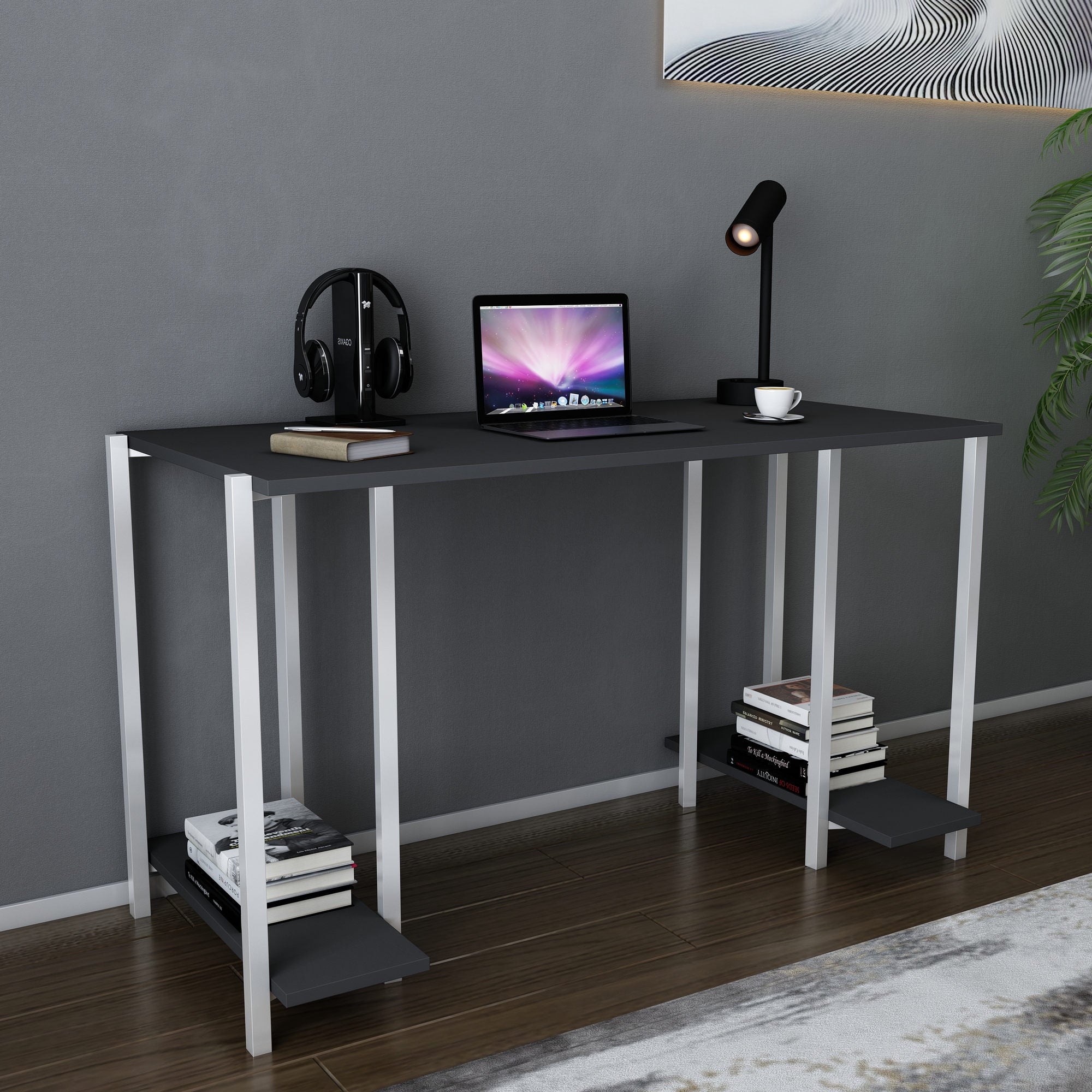 Secretária de Estudo/Escritório Moderna, Branca e Antracite, 125,2 x 60 x 73,8 cm | Painel de Partículas 100% Revestido em Melamina, 18 mm de Espessura | Elegante e Funcional para Casa ou Hotel