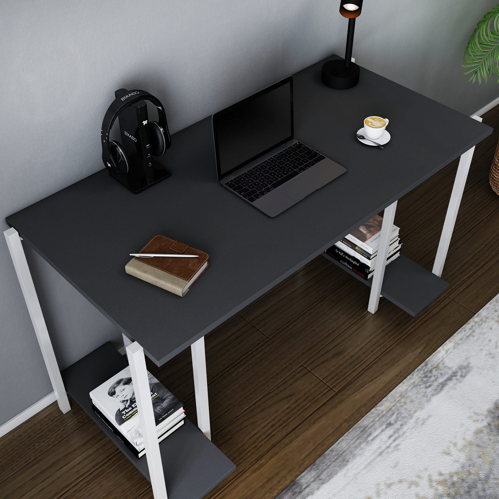 Secretária de Estudo/Escritório Moderna, Branca e Antracite, 125,2 x 60 x 73,8 cm | Painel de Partículas 100% Revestido em Melamina, 18 mm de Espessura | Elegante e Funcional para Casa ou Hotel