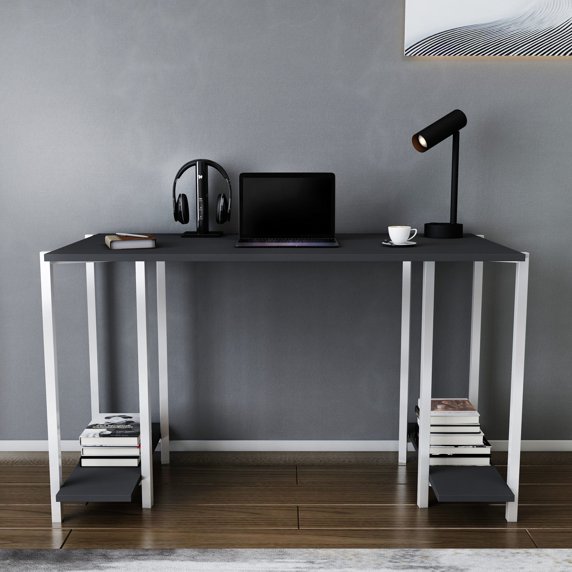 Secretária de Estudo/Escritório Moderna, Branca e Antracite, 125,2 x 60 x 73,8 cm | Painel de Partículas 100% Revestido em Melamina, 18 mm de Espessura | Elegante e Funcional para Casa ou Hotel