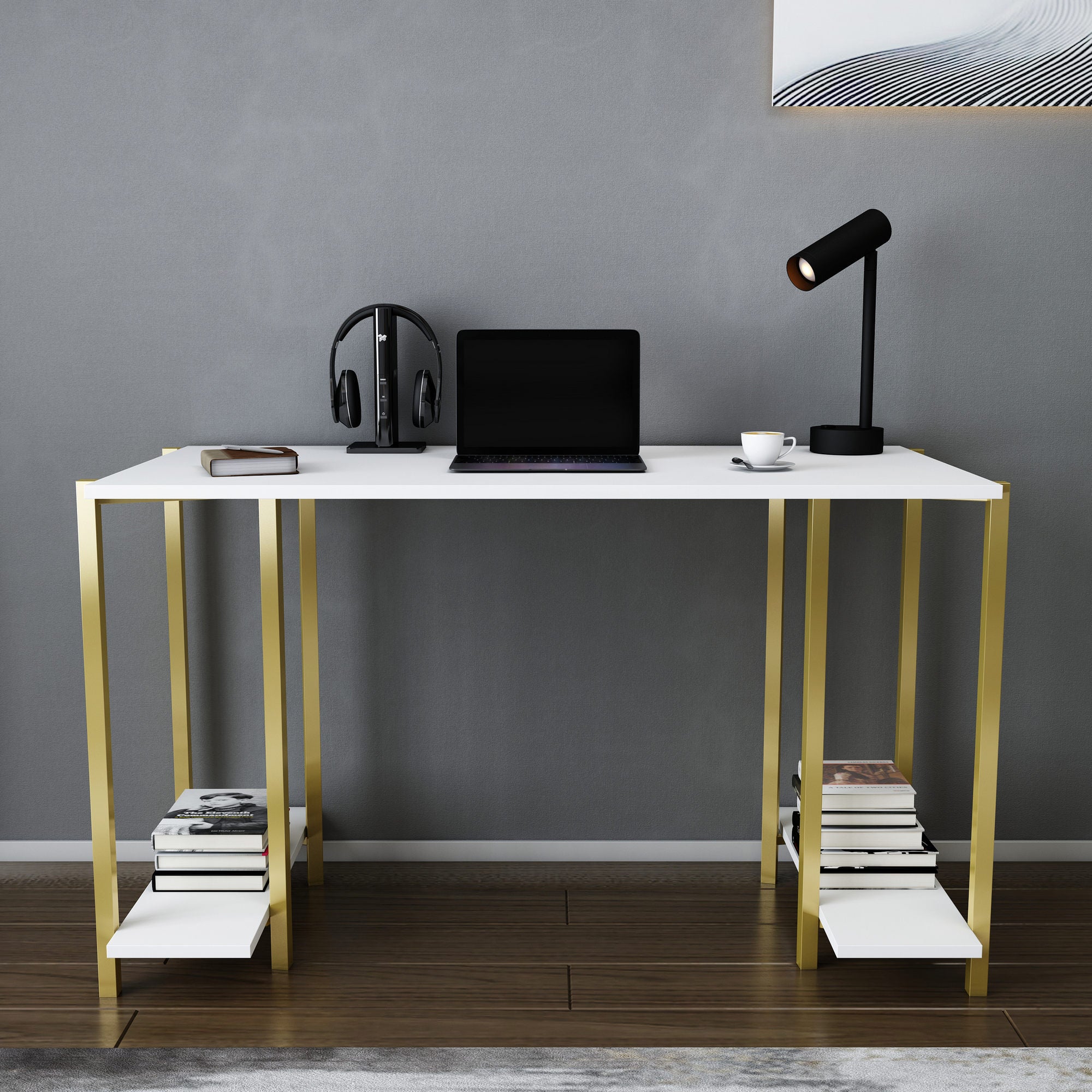 Secretária de Estudo/Escritório Moderna, Dourada e Branca, 125,2 x 60 x 73,8 cm | Painel de Partículas 100% Revestido em Melamina, 18 mm de Espessura | Design Elegante para Casa e Escritório
