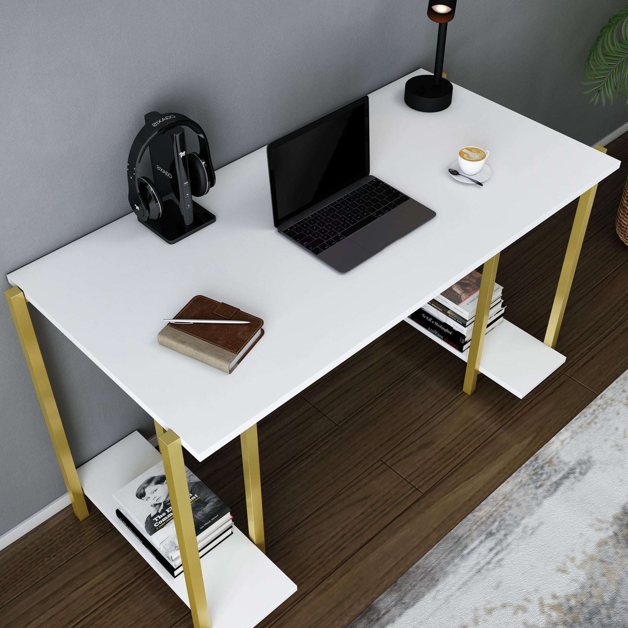 Secretária de Estudo/Escritório Moderna, Dourada e Branca, 125,2 x 60 x 73,8 cm | Painel de Partículas 100% Revestido em Melamina, 18 mm de Espessura | Design Elegante para Casa e Escritório