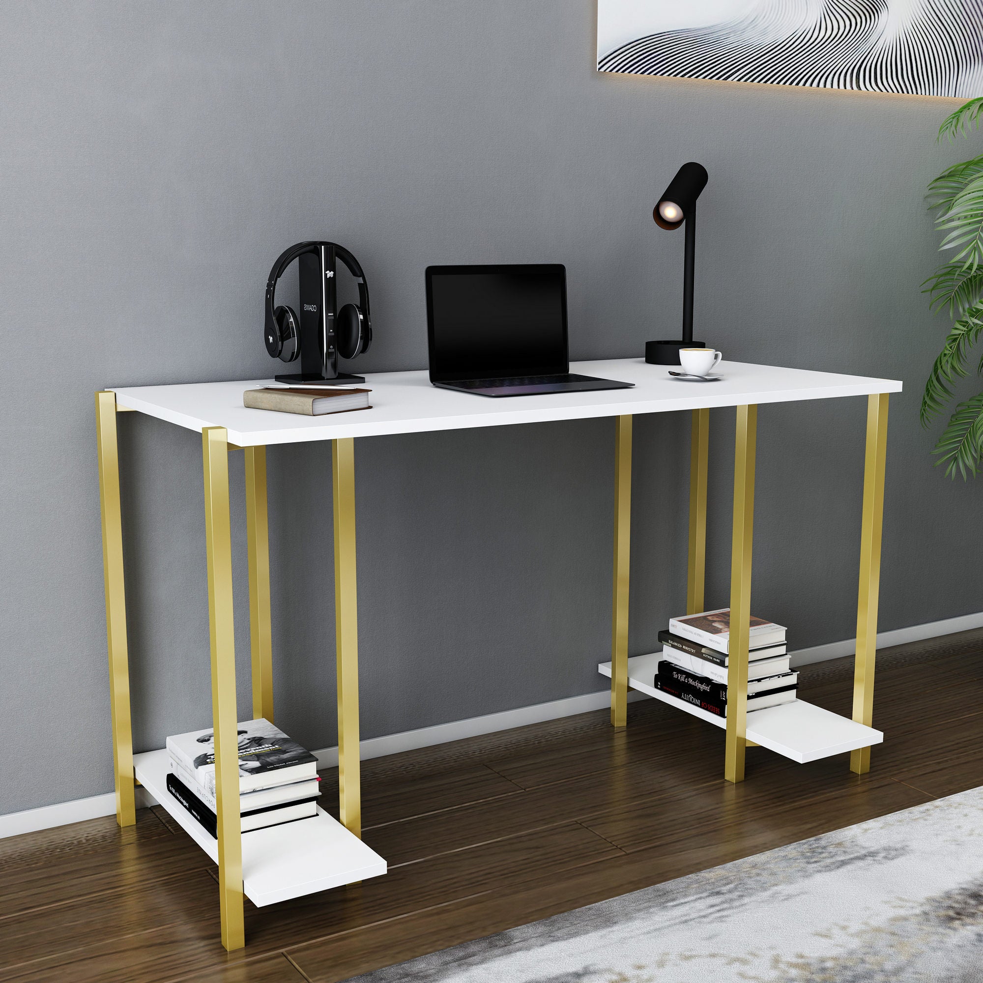 Secretária de Estudo/Escritório Moderna, Dourada e Branca, 125,2 x 60 x 73,8 cm | Painel de Partículas 100% Revestido em Melamina, 18 mm de Espessura | Design Elegante para Casa e Escritório
