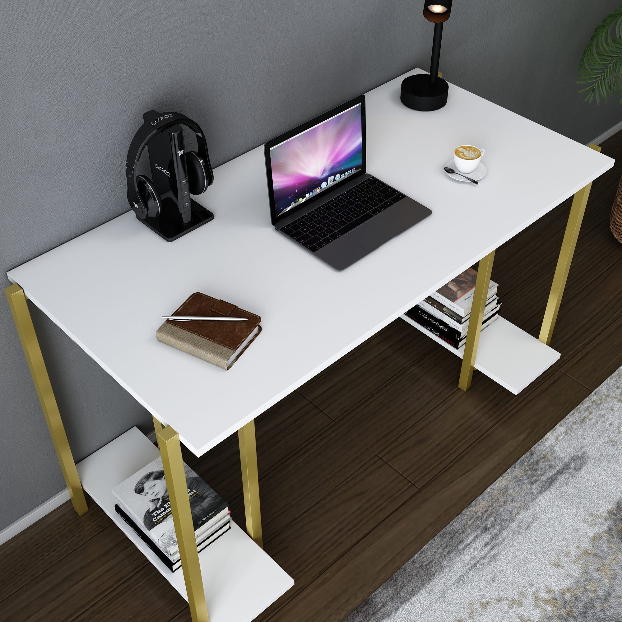 Secretária de Estudo/Escritório Moderna, Dourada e Branca, 125,2 x 60 x 73,8 cm | Painel de Partículas 100% Revestido em Melamina, 18 mm de Espessura | Design Elegante para Casa e Escritório