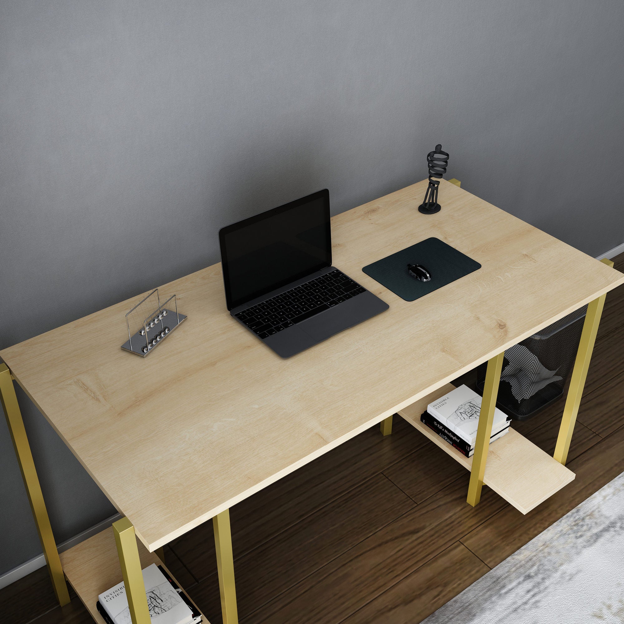 Secretária de Estudo/Escritório Moderna, Dourado e Carvalho, 125,2 x 60 x 73,8 cm | Painel de Partículas 100% Revestido em Melamina, 18 mm de Espessura | Design Elegante para Casa e Escritório