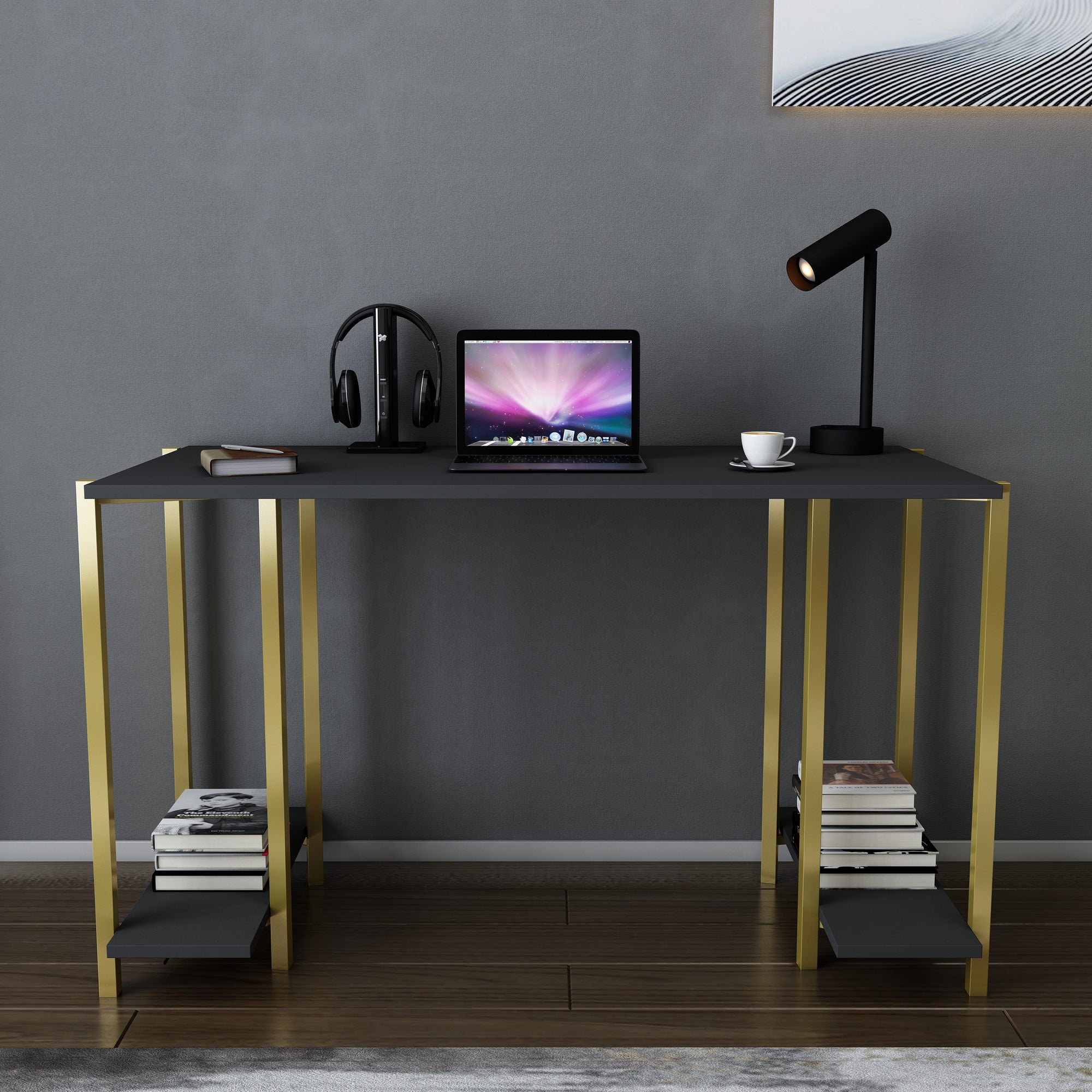 Secretária de Estudo/Escritório Moderna, Dourado e Antracite, 125,2 x 60 x 73,8 cm | Painel de Partículas 100% Revestido em Melamina, 18 mm de Espessura | Design Glamouroso para Casa e Escritório