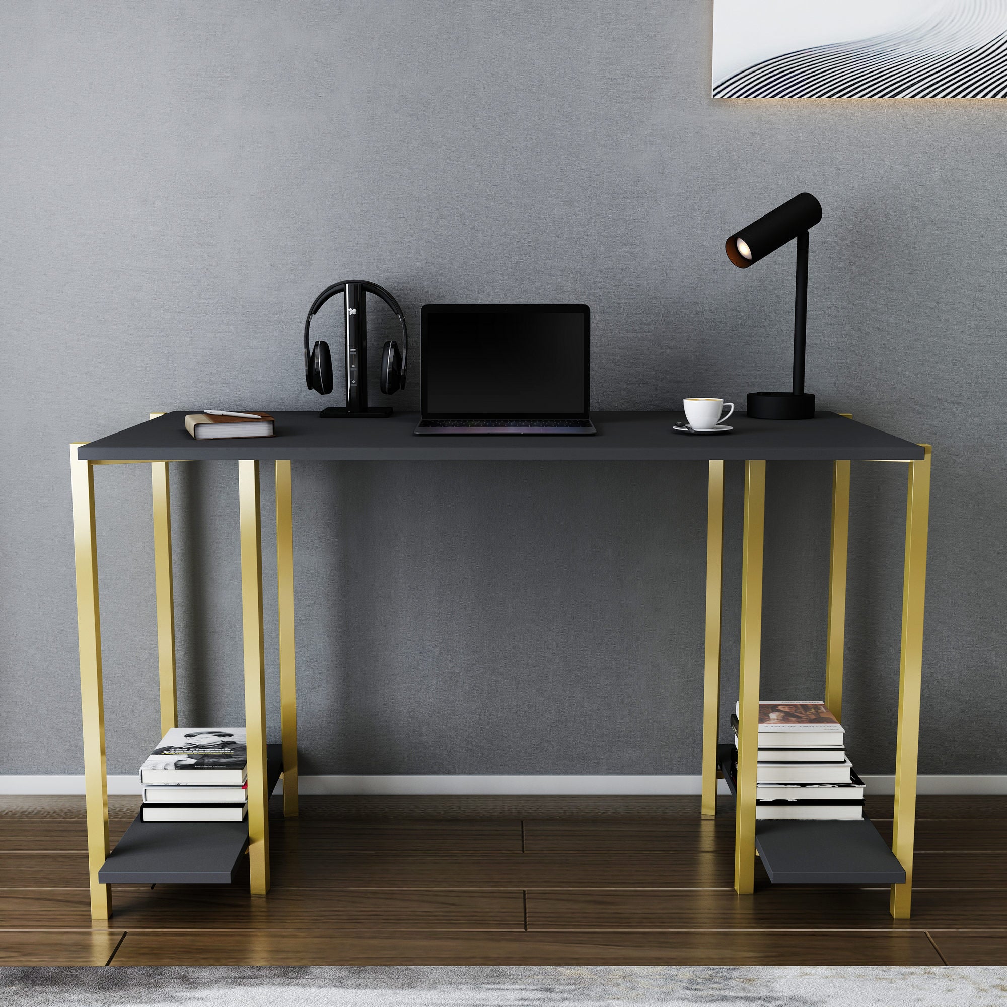 Secretária de Estudo/Escritório Moderna, Dourado e Antracite, 125,2 x 60 x 73,8 cm | Painel de Partículas 100% Revestido em Melamina, 18 mm de Espessura | Design Glamouroso para Casa e Escritório
