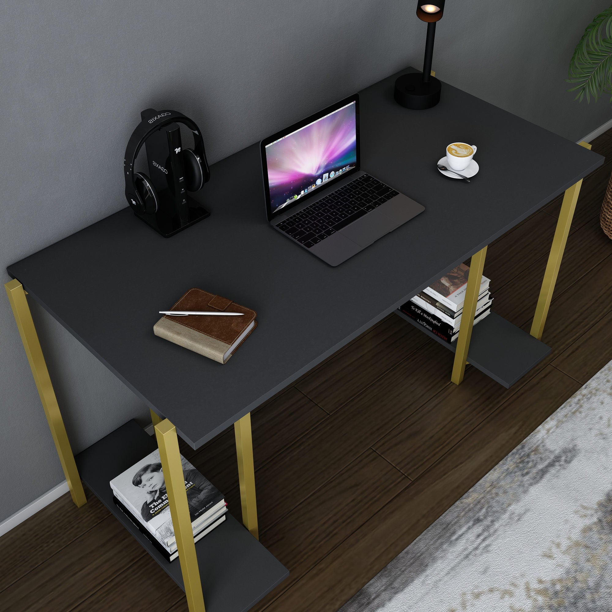 Secretária de Estudo/Escritório Moderna, Dourado e Antracite, 125,2 x 60 x 73,8 cm | Painel de Partículas 100% Revestido em Melamina, 18 mm de Espessura | Design Glamouroso para Casa e Escritório
