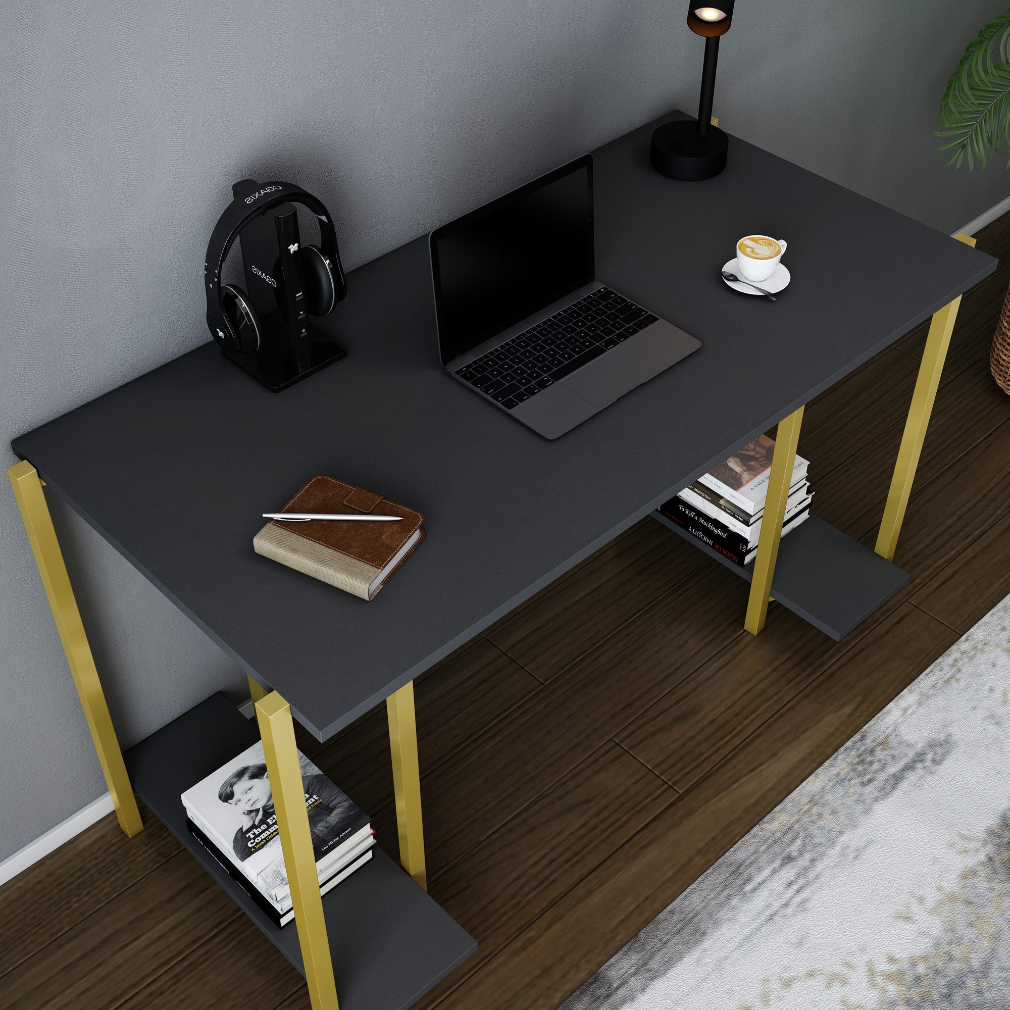Secretária de Estudo/Escritório Moderna, Dourado e Antracite, 125,2 x 60 x 73,8 cm | Painel de Partículas 100% Revestido em Melamina, 18 mm de Espessura | Design Glamouroso para Casa e Escritório