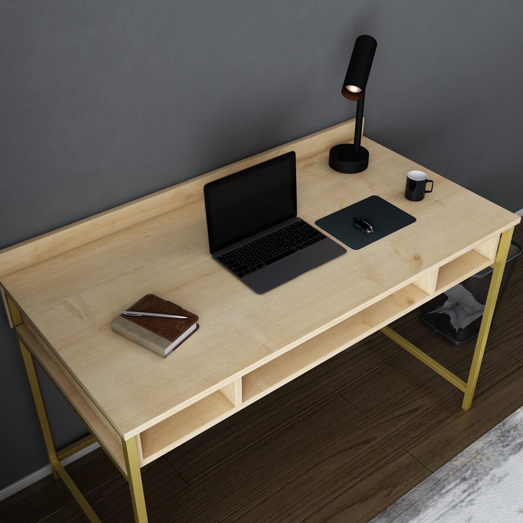 Secretária de Estudo/Escritório Moderna, Dourado e Carvalho, 120 x 60 x 74,8 cm | Painel de Partículas 100% Revestido em Melamina, 18 mm de Espessura | Design Glamouroso para Casa e Escritório