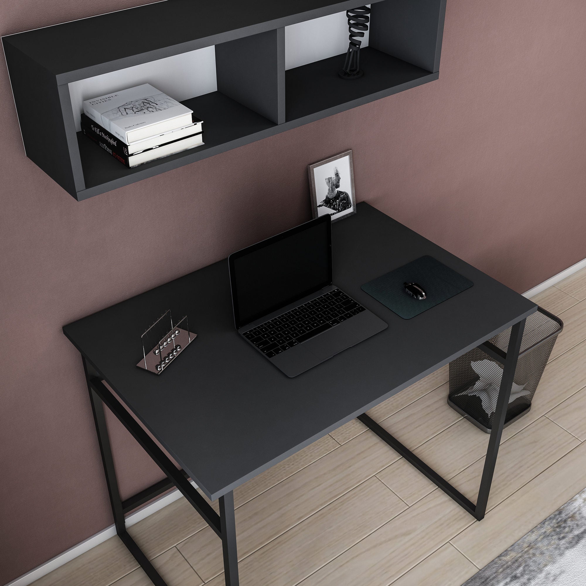 Secretária de Estudo/Escritório Moderna, Preta e Antracite, 90 x 60 x 75 cm | Painel de Partículas 100% Revestido em Melamina, 18 mm de Espessura | Elegante e Funcional para Casa ou Escritório