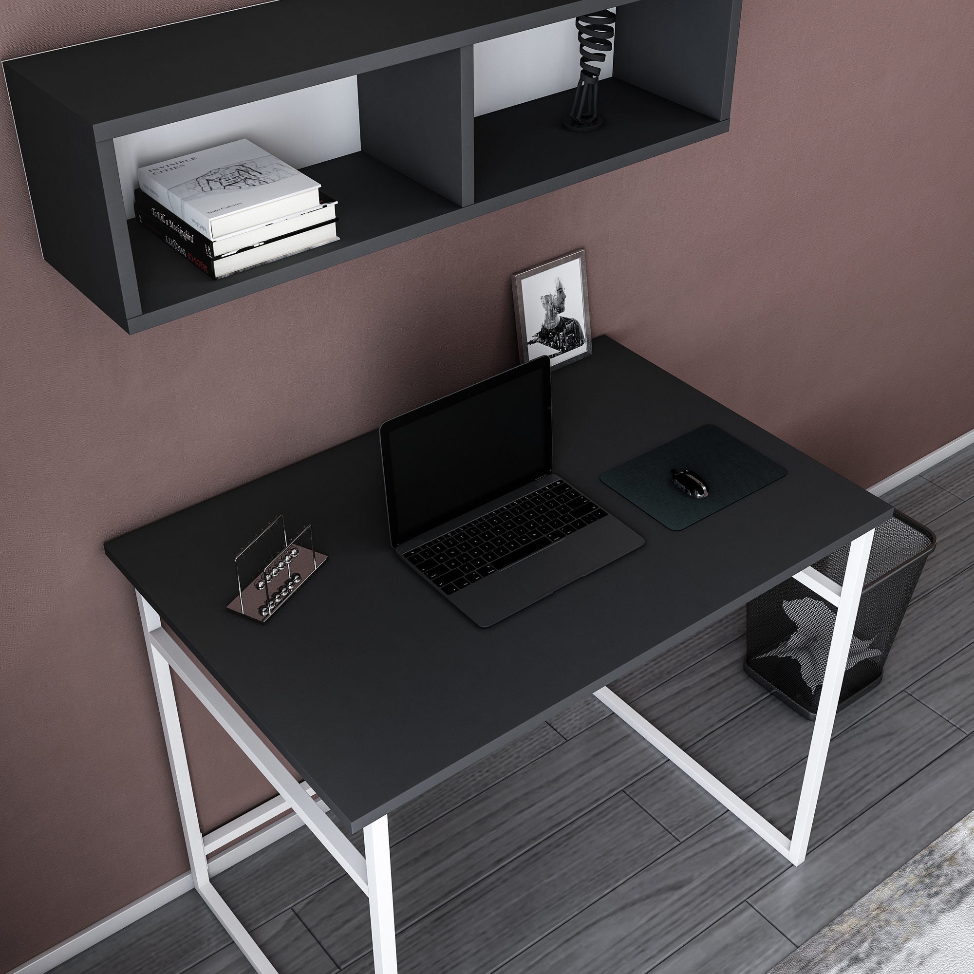 Secretária de Estudo/Escritório Moderna, Branca e Antracite, 90 x 60 x 75 cm | Painel de Partículas 100% Revestido em Melamina, 18 mm de Espessura | Elegante e Funcional para Uso Doméstico ou Hoteleiro