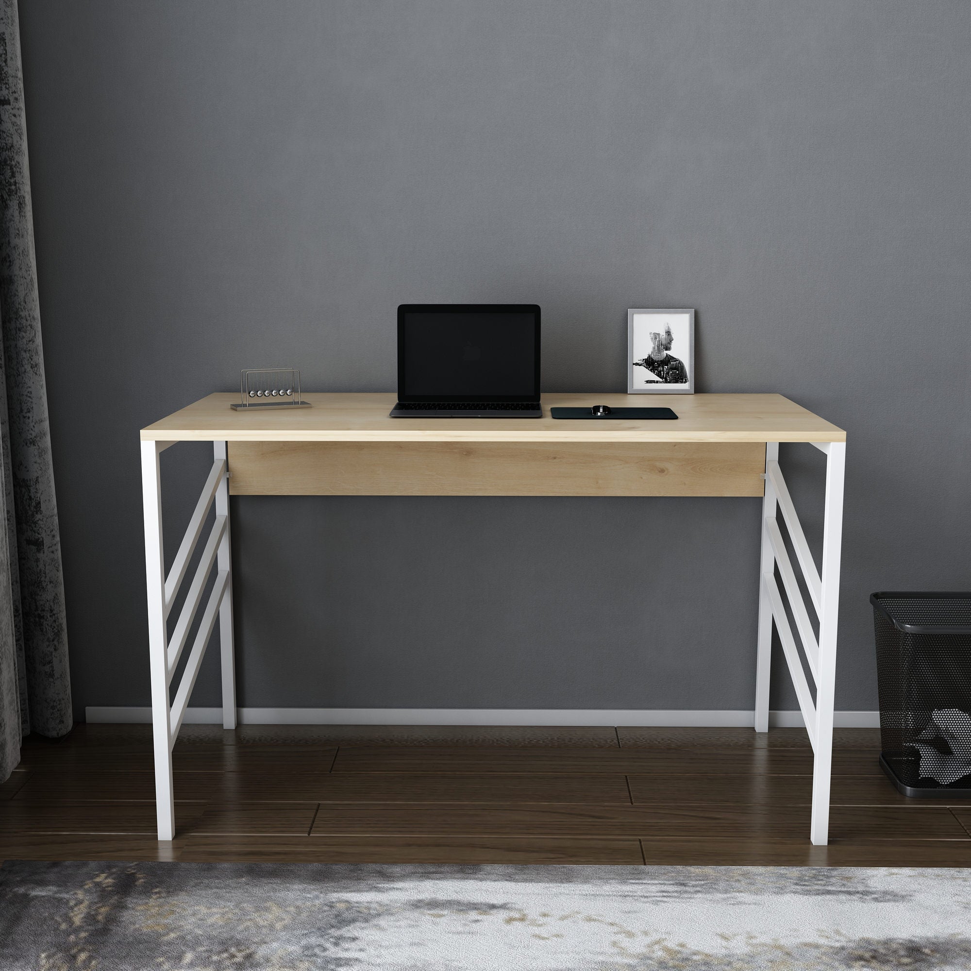 Secretária de Estudo/Escritório Moderna, Branca e Carvalho, 120 x 60 x 74,8 cm | Painel de Partículas 100% Revestido em Melamina, 18 mm de Espessura | Elegante e Funcional para Uso Doméstico ou Hoteleiro