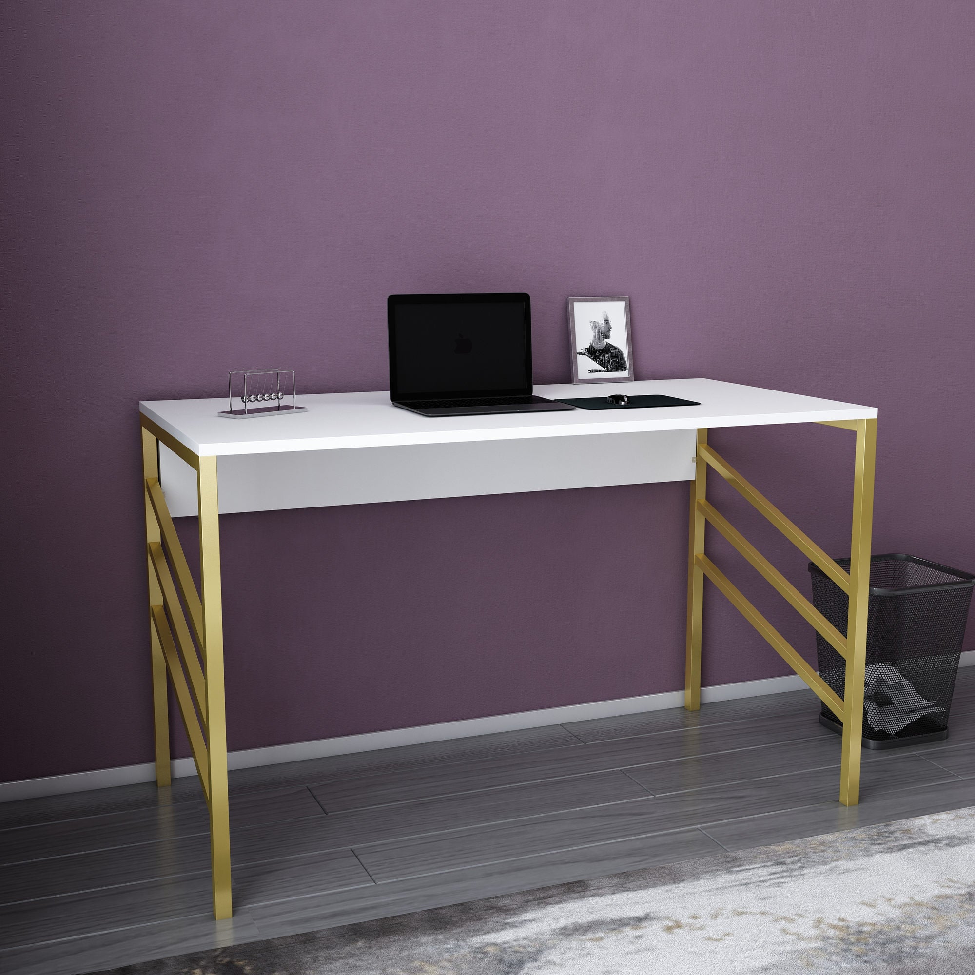 Secretária de Estudo/Escritório Moderna, Dourada e Branca, 120 x 60 x 74,8 cm | Painel de Partículas 100% Revestido em Melamina, 18 mm de Espessura | Design Glamouroso para Casa e Escritório