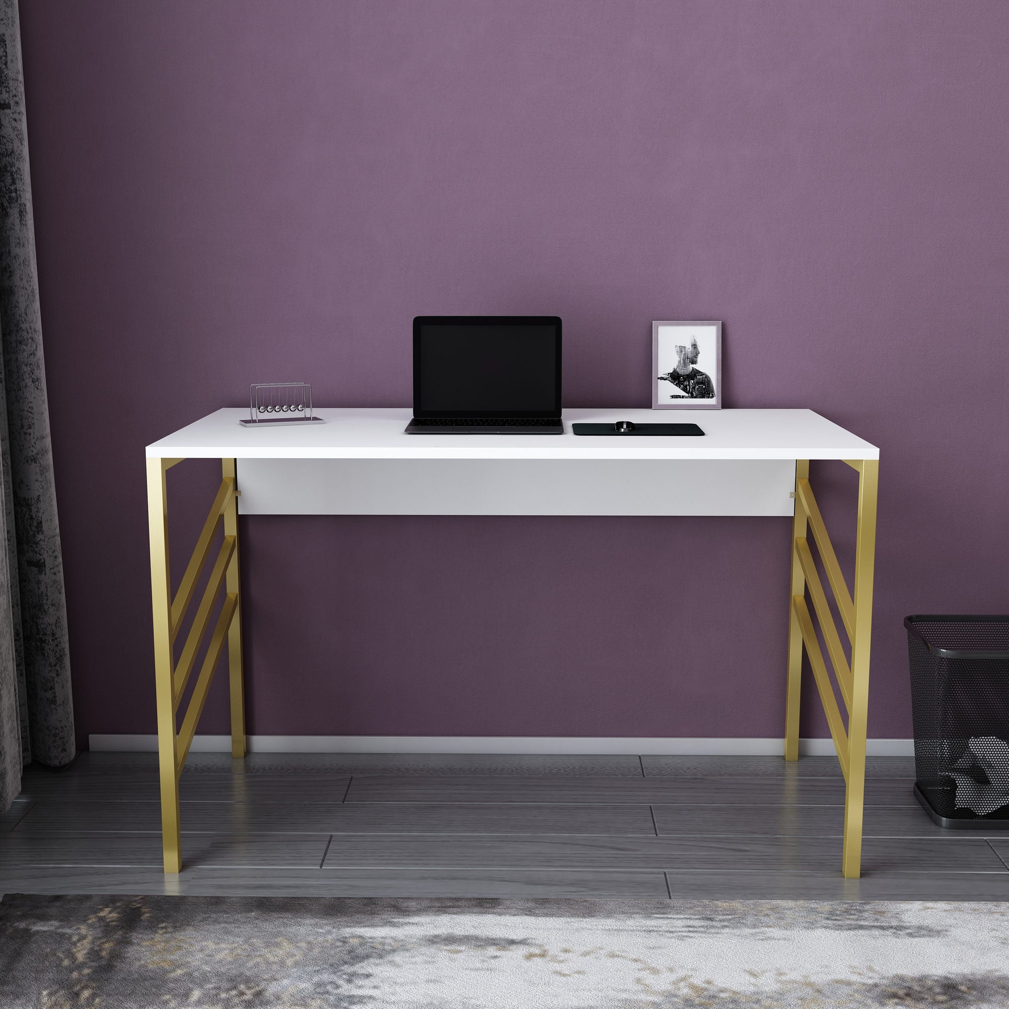 Secretária de Estudo/Escritório Moderna, Dourada e Branca, 120 x 60 x 74,8 cm | Painel de Partículas 100% Revestido em Melamina, 18 mm de Espessura | Design Glamouroso para Casa e Escritório