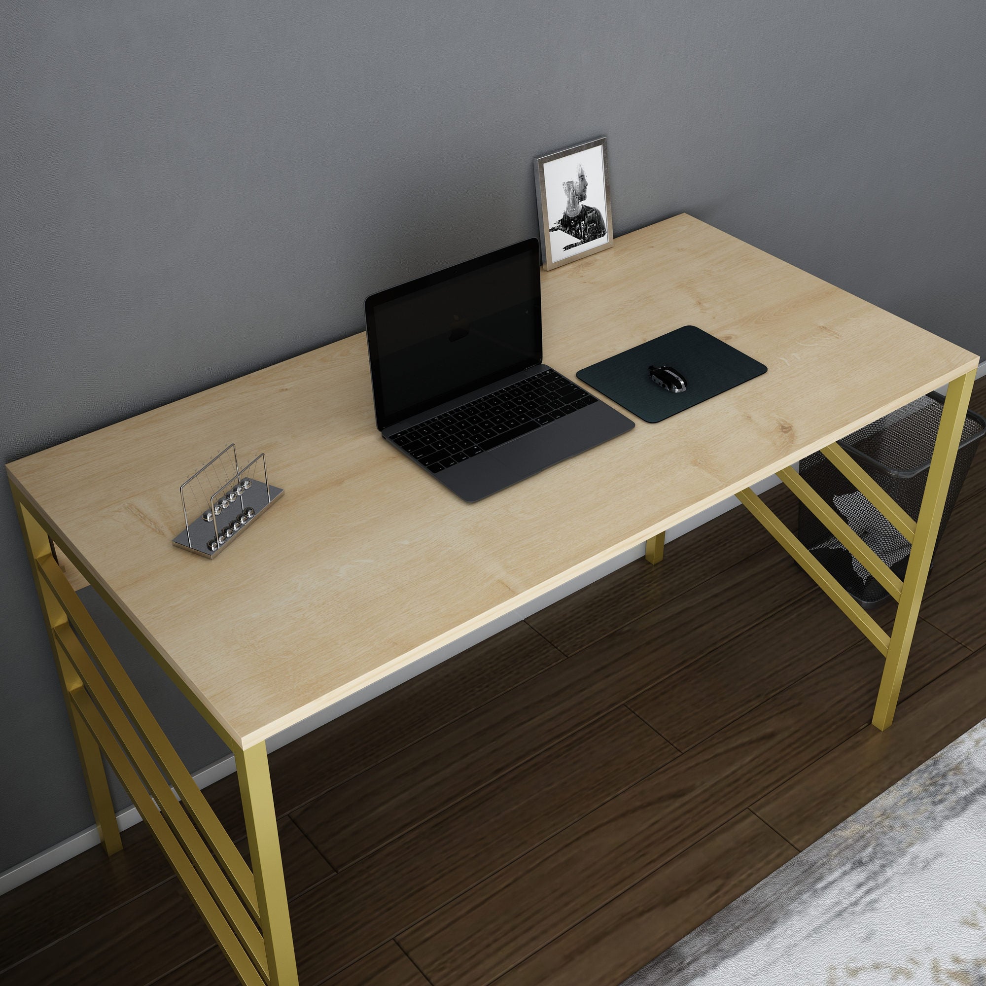 Secretária de Estudo/Escritório Moderna, Dourado e Carvalho, 120 x 60 x 74,8 cm | Painel de Partículas 100% Revestido em Melamina, 18 mm de Espessura | Design Glamouroso para Casa e Escritório