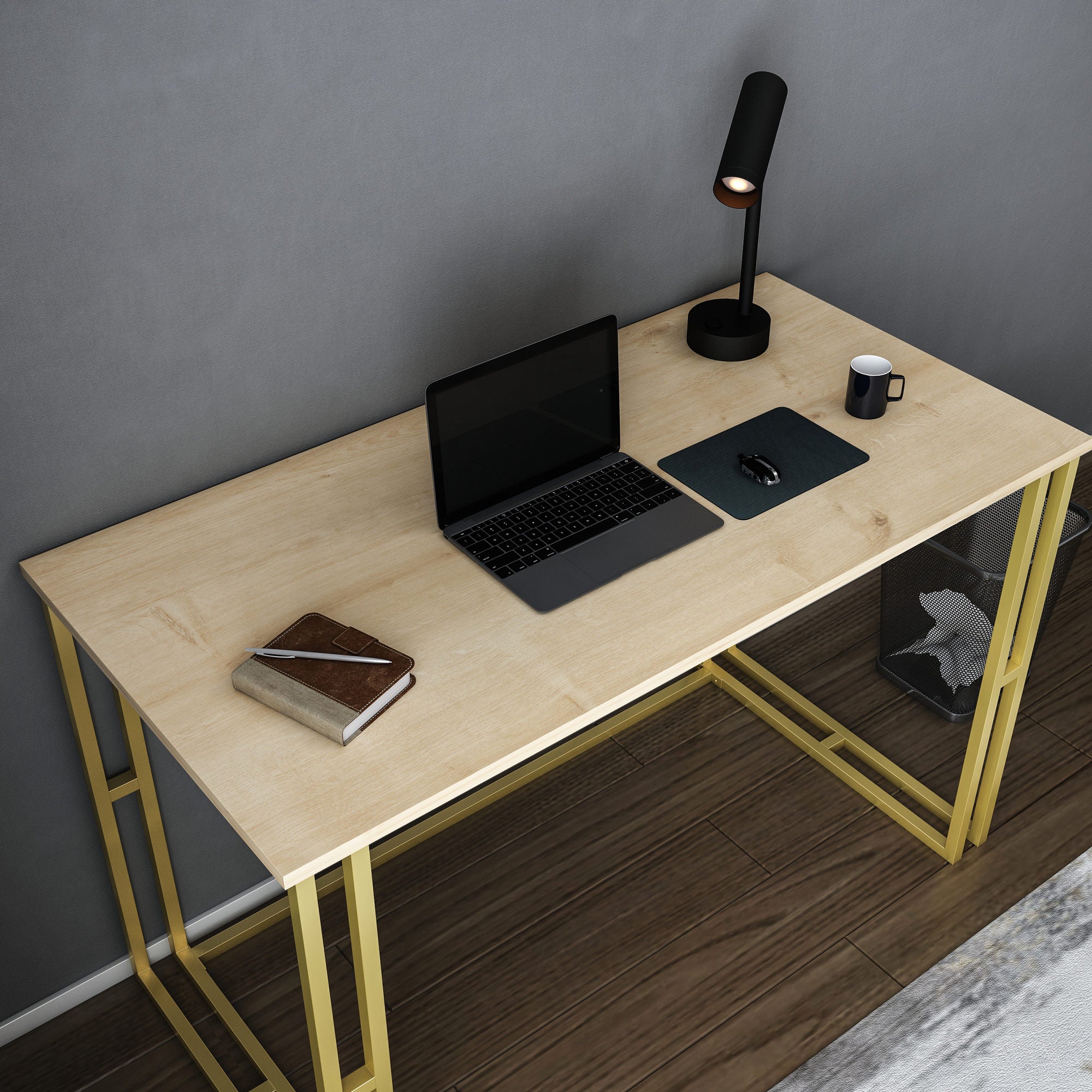 Secretária de Estudo/Escritório Moderna, Dourado e Carvalho, 120 x 60 x 74,8 cm | Painel de Partículas 100% Revestido em Melamina, 18 mm de Espessura | Design Glamouroso para Casa e Escritório