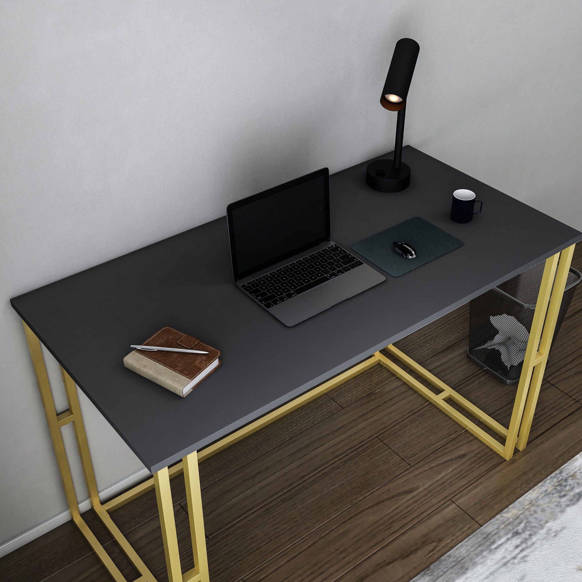 Secretária de Estudo/Escritório Moderna, Dourado e Antracite, 120 x 60 x 74,8 cm | Painel de Partículas 100% Revestido em Melamina, 18 mm de Espessura | Design Glamouroso para Casa e Escritório