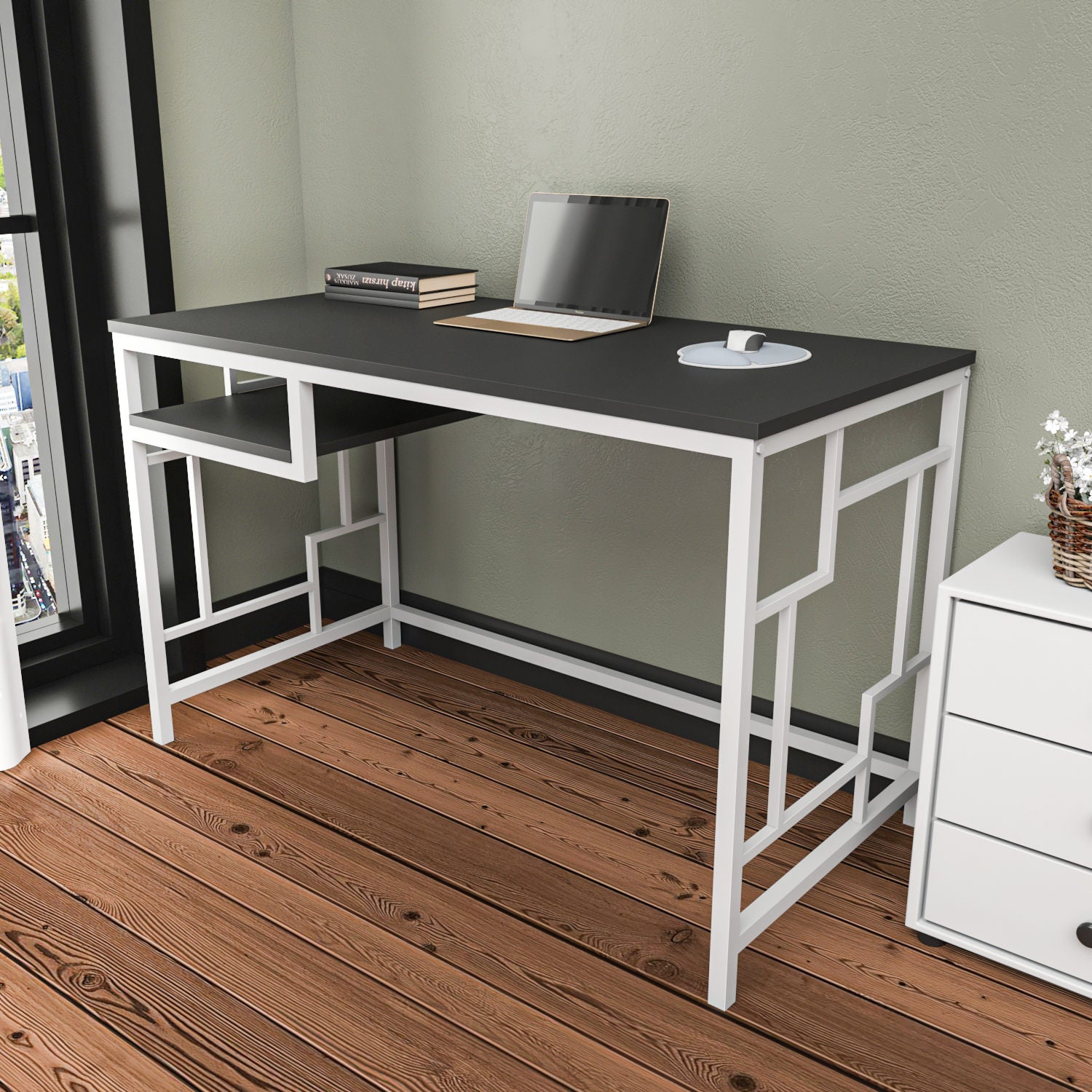 Secretária de Estudo/Escritório Moderna, Branca e Antracite, 120 x 60 x 74,8 cm | Painel de Partículas 100% Revestido em Melamina, 18 mm de Espessura | Elegante e Funcional para Casa ou Hotel