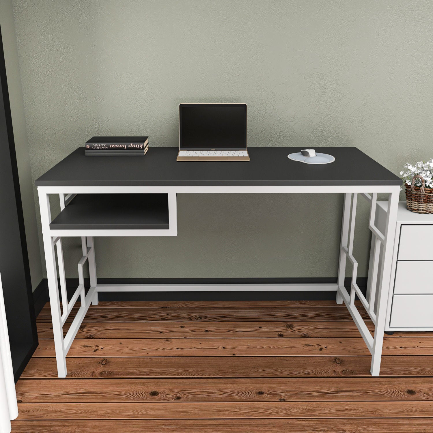 Secretária de Estudo/Escritório Moderna, Branca e Antracite, 120 x 60 x 74,8 cm | Painel de Partículas 100% Revestido em Melamina, 18 mm de Espessura | Elegante e Funcional para Casa ou Hotel