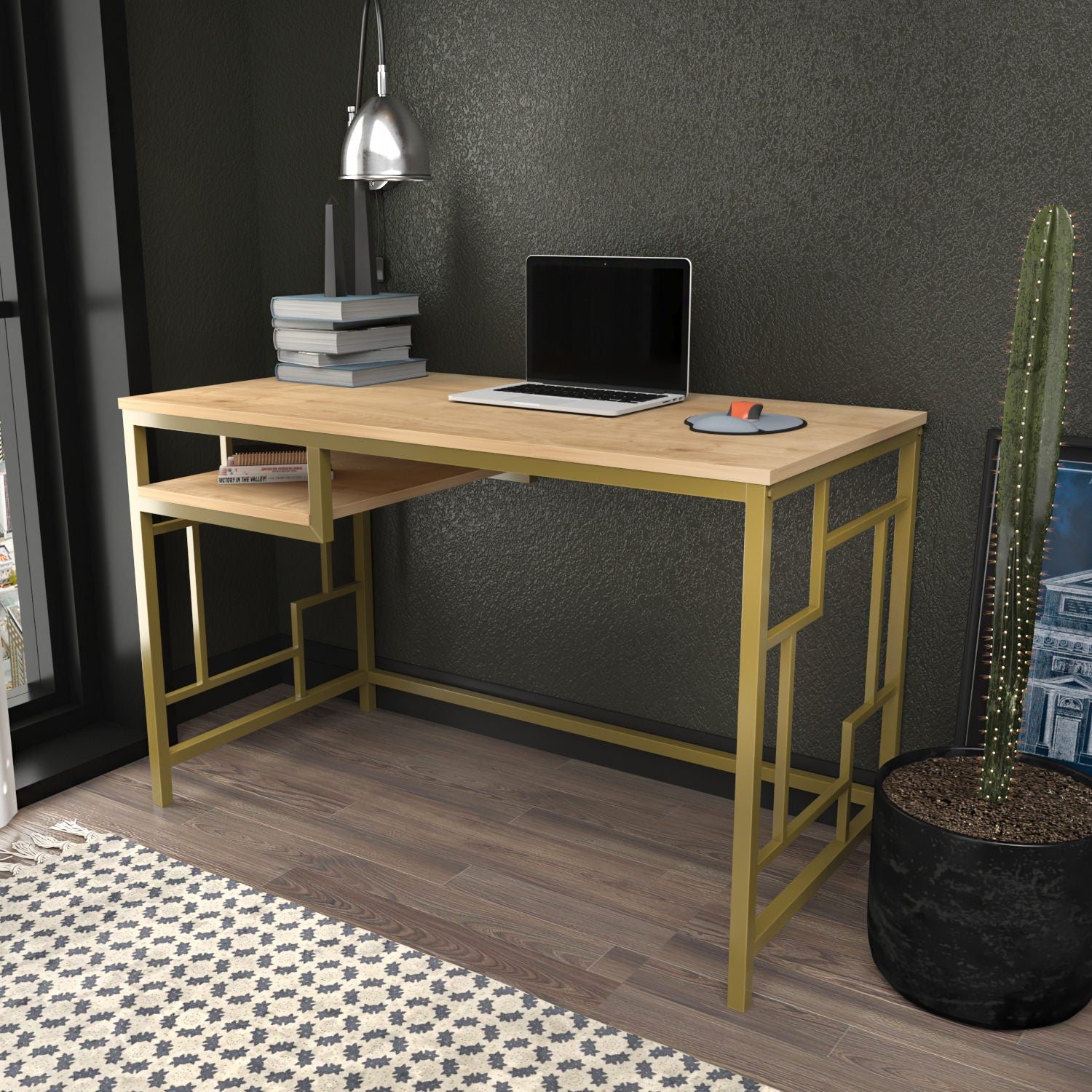 Secretária de Estudo/Escritório Moderna, Dourado e Carvalho, 120 x 60 x 74,8 cm | Painel de Partículas 100% Revestido em Melamina, 18 mm de Espessura | Design Glamouroso para Casa e Escritório