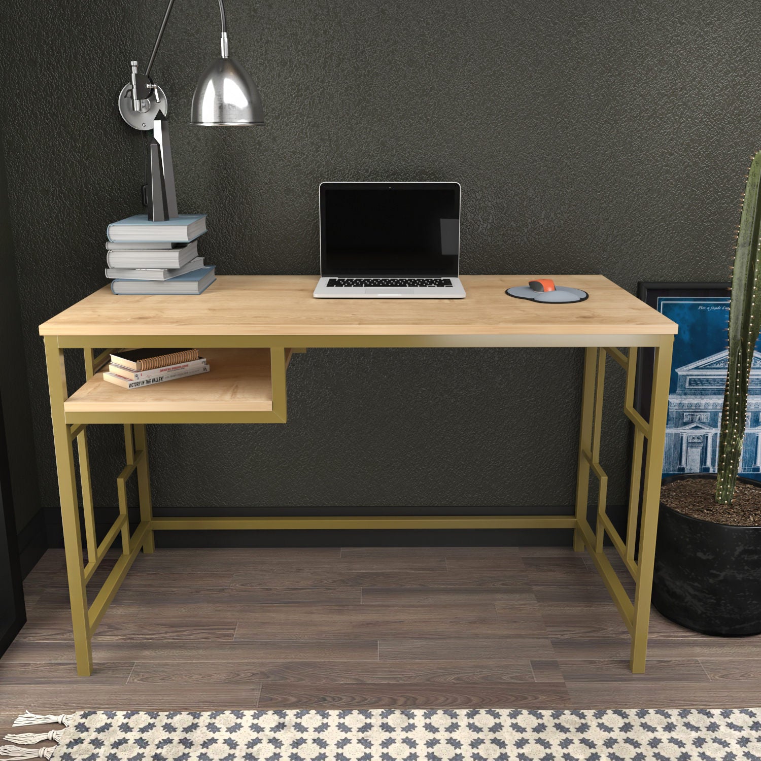 Secretária de Estudo/Escritório Moderna, Dourado e Carvalho, 120 x 60 x 74,8 cm | Painel de Partículas 100% Revestido em Melamina, 18 mm de Espessura | Design Glamouroso para Casa e Escritório