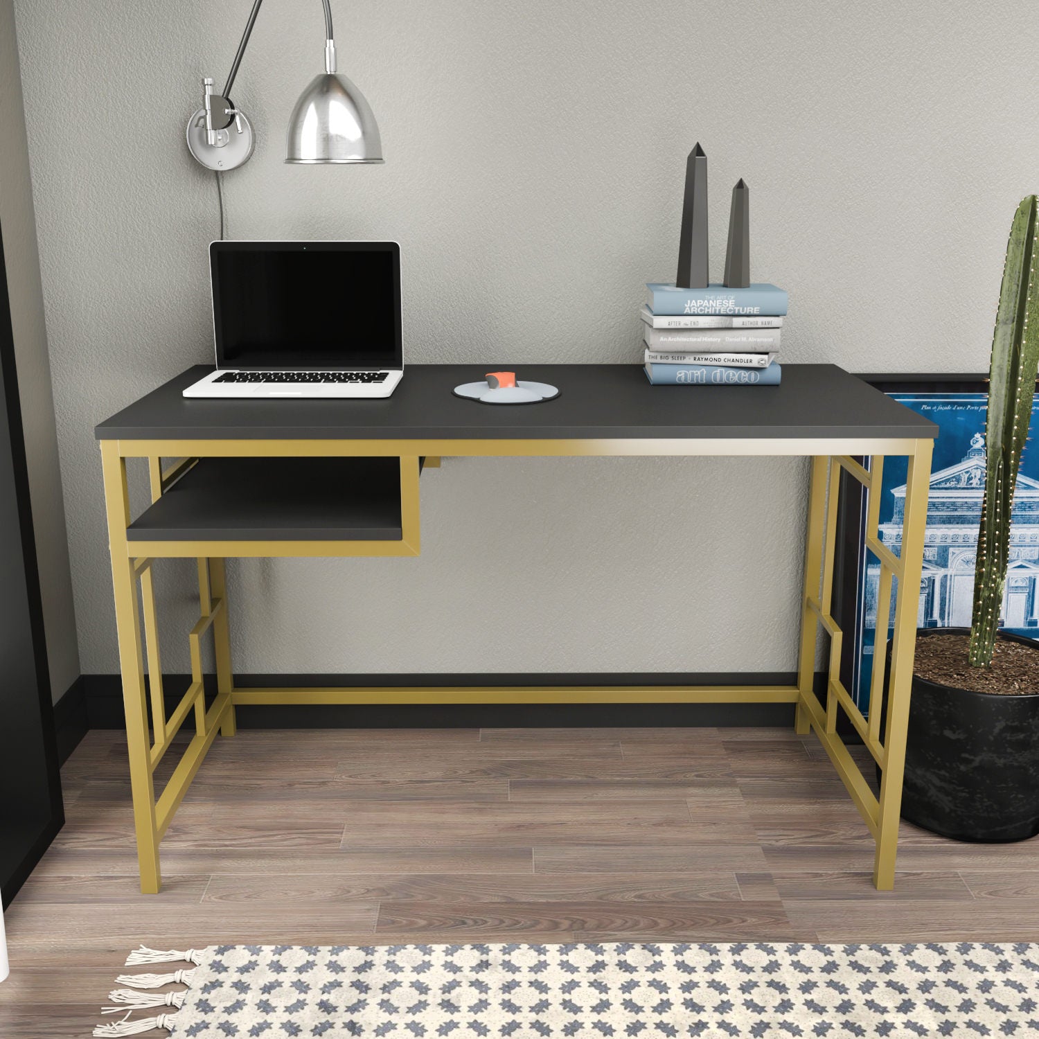 Secretária de Estudo/Escritório Moderna, Dourado e Antracite, 120 x 60 x 74,8 cm | Painel de Partículas 100% Revestido em Melamina, 18 mm de Espessura | Design Glamouroso para Casa e Escritório