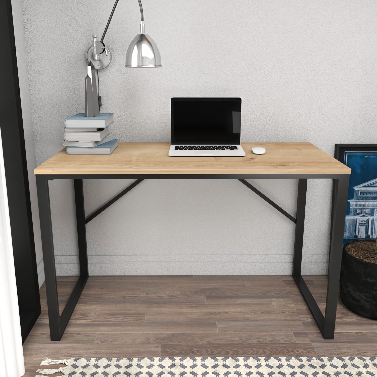 Secretária de Estudo/Escritório Moderna, Preta e Carvalho, 120 x 60 x 74 cm | Painel de Partículas 100% Revestido em Melamina, 18 mm de Espessura | Elegante e Funcional para Casa ou Escritório