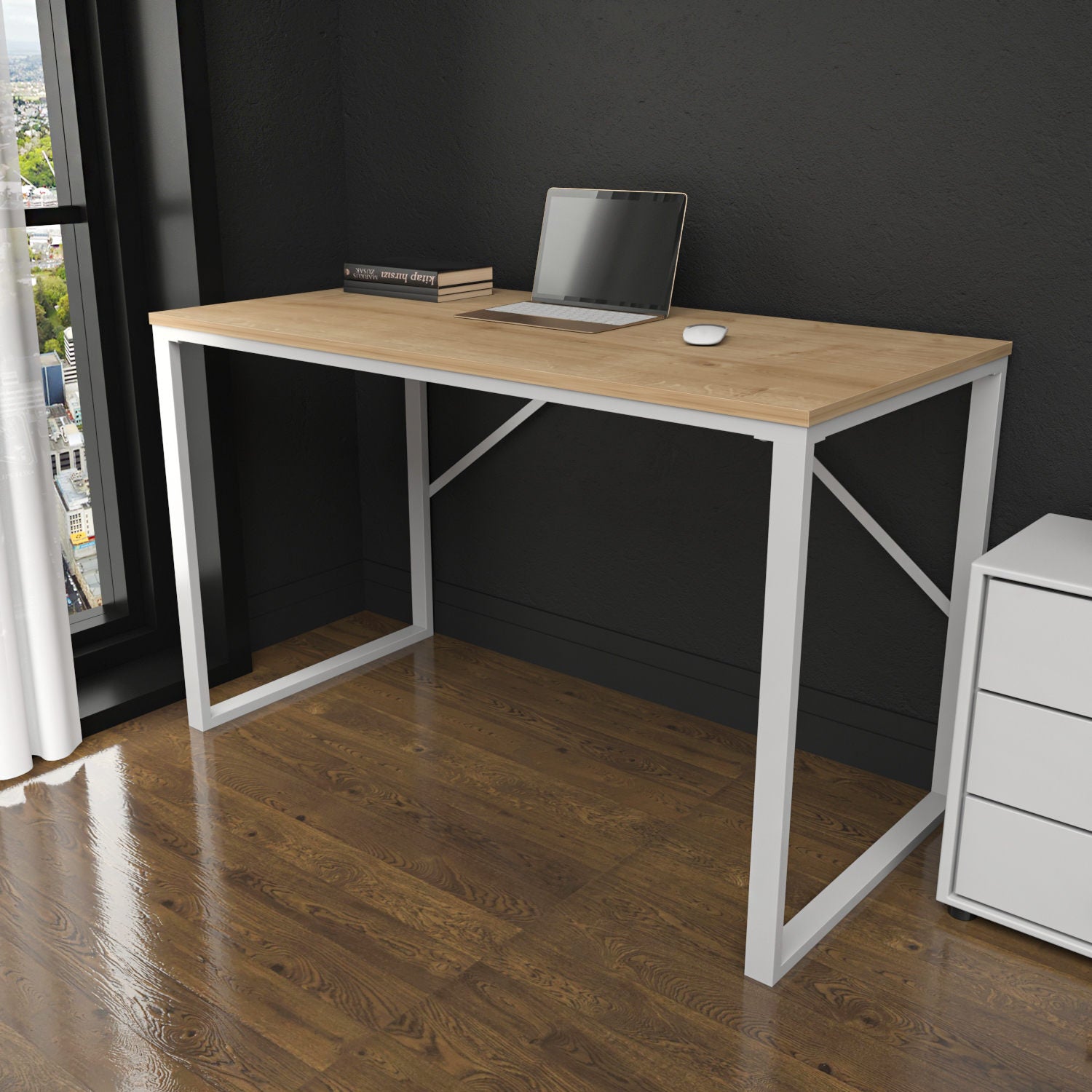 Secretária de Estudo/Escritório Moderna, Branca e Carvalho, 120 x 60 x 74 cm | Painel de Partículas 100% Revestido em Melamina, 18 mm de Espessura | Design Escandinavo Elegante para Casa e Escritório