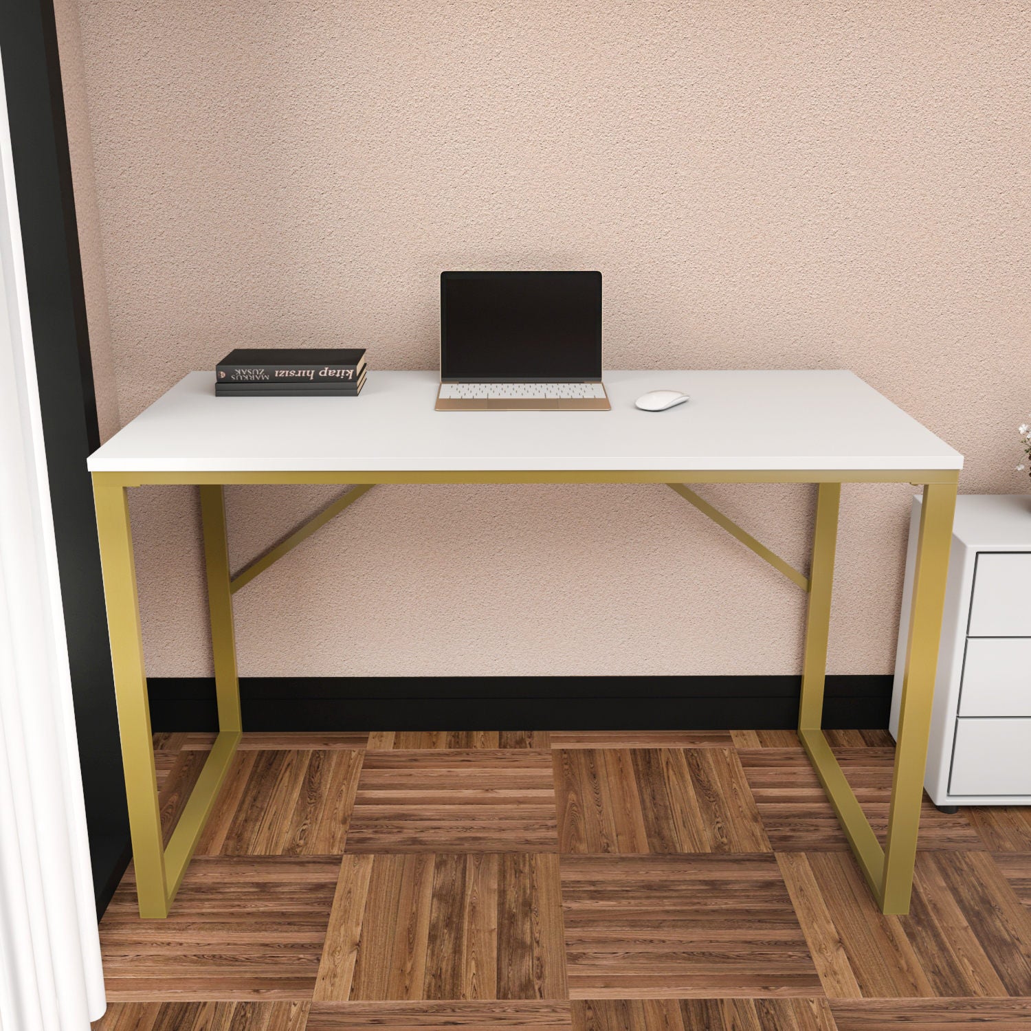 Secretária de Estudo/Escritório Moderna, Dourada e Branca, 120 x 60 x 74 cm | Painel de Partículas 100% Revestido em Melamina, 18 mm de Espessura | Design Elegante e Glamouroso para Escritório em Casa