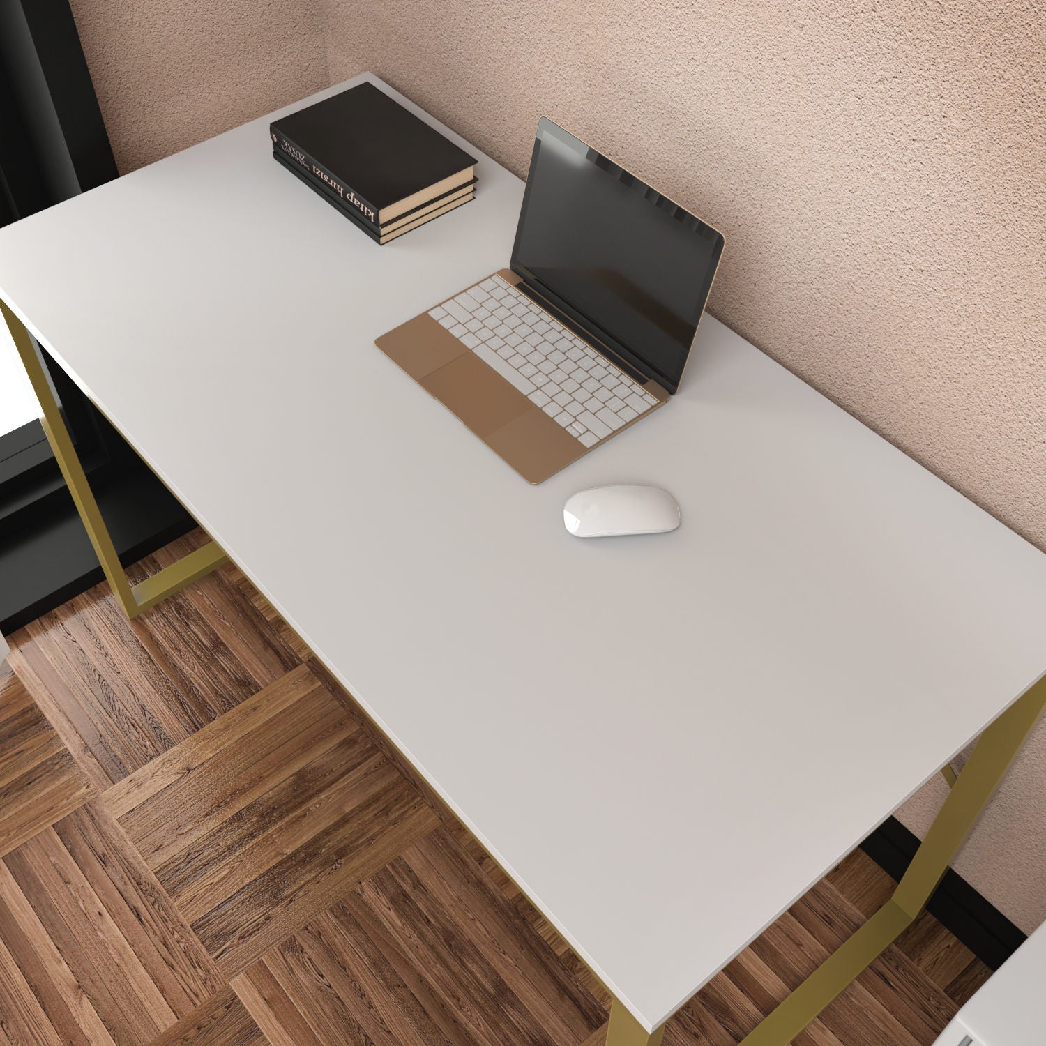 Secretária de Estudo/Escritório Moderna, Dourada e Branca, 120 x 60 x 74 cm | Painel de Partículas 100% Revestido em Melamina, 18 mm de Espessura | Design Elegante e Glamouroso para Escritório em Casa