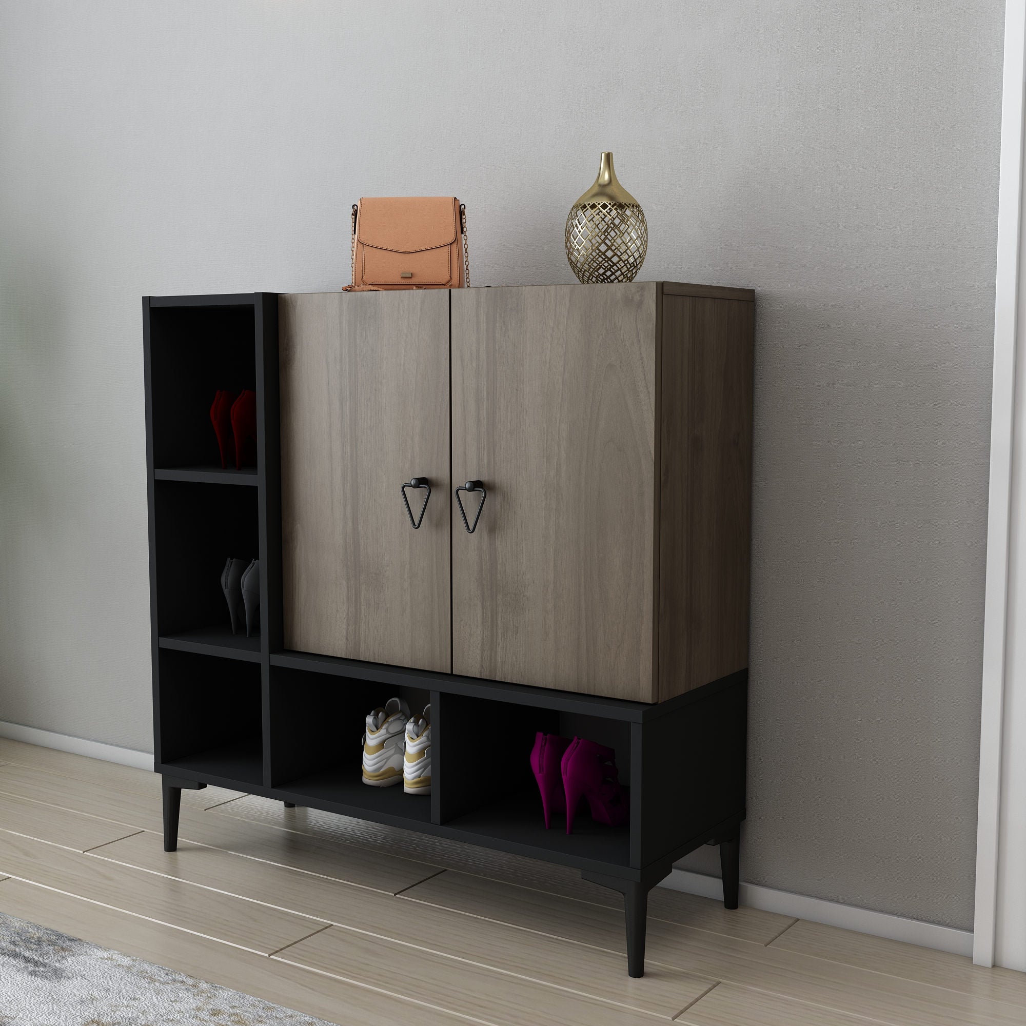 Consola de Entrada - Mesa para Corredor com Sapateira , Preta e Nogueira, 100 x 35 x 100 cm | Painel de Partículas 100% Revestido em Melamina, 18 mm de Espessura | Design Industrial Elegante para Casa e Escritório
