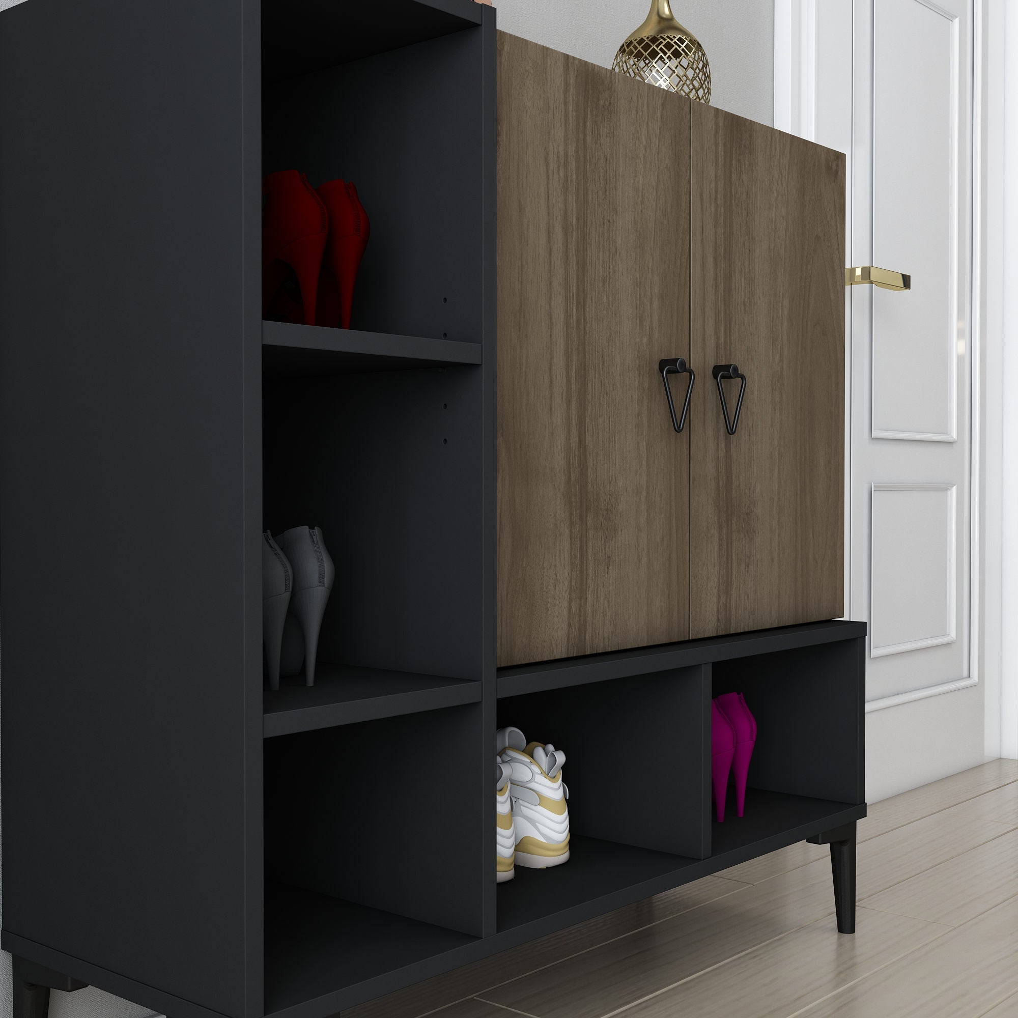 Consola de Entrada - Mesa para Corredor com Sapateira , Preta e Nogueira, 100 x 35 x 100 cm | Painel de Partículas 100% Revestido em Melamina, 18 mm de Espessura | Design Industrial Elegante para Casa e Escritório