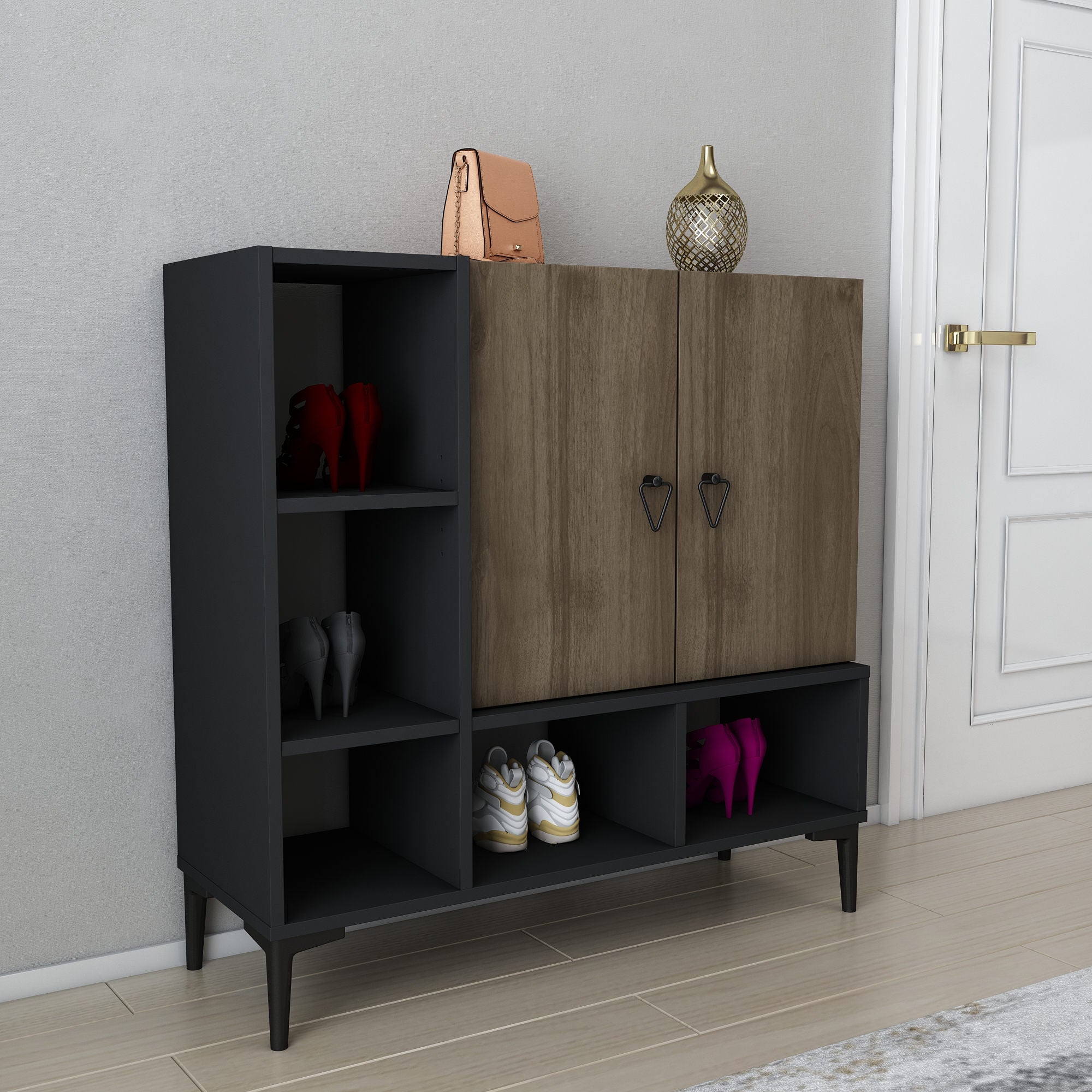 Consola de Entrada - Mesa para Corredor com Sapateira , Preta e Nogueira, 100 x 35 x 100 cm | Painel de Partículas 100% Revestido em Melamina, 18 mm de Espessura | Design Industrial Elegante para Casa e Escritório