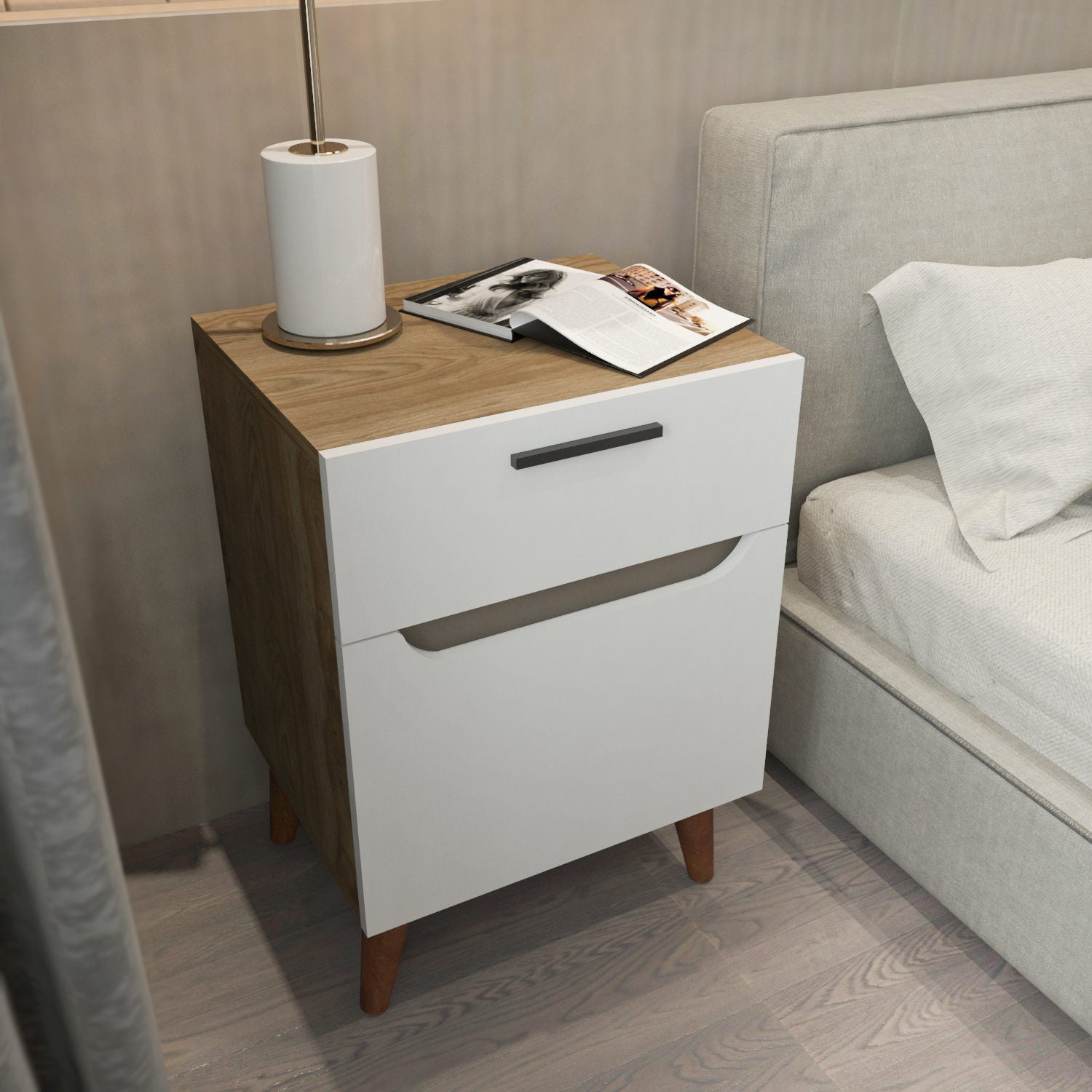 Mesa de Cabeceira Escandinava, Branca e Carvalho, 45 x 36,8 x 63 cm | Painel de Partículas 100% Revestido em Melamina, 18 mm de Espessura | Elegante e Funcional para Quartos Modernos