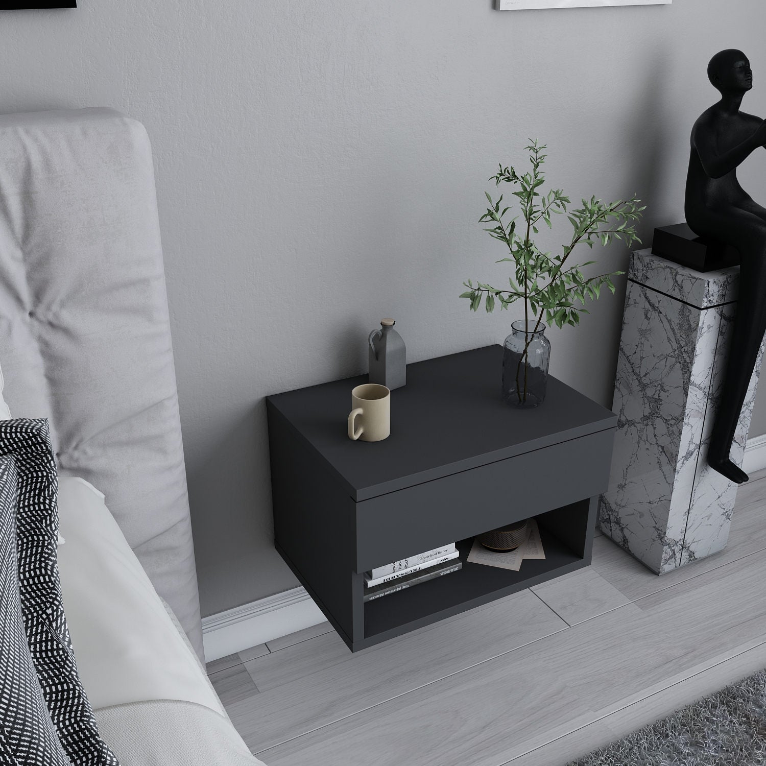 Mesa de Cabeceira Escandinava, Antracite, 44,6 x 29 x 31,9 cm | Painel de Partículas 100% Revestido em Melamina, 18 mm de Espessura | Elegante e Funcional para Quartos Modernos