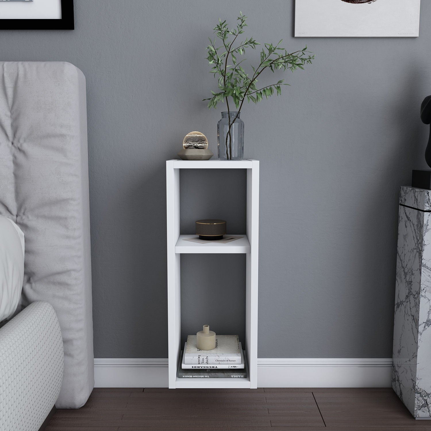 Mesa de Cabeceira Escandinava, Branca, 23,2 x 22 x 59,6 cm | Painel de Partículas 100% Revestido em Melamina, 18 mm de Espessura | Elegante e Funcional para Quartos Modernos