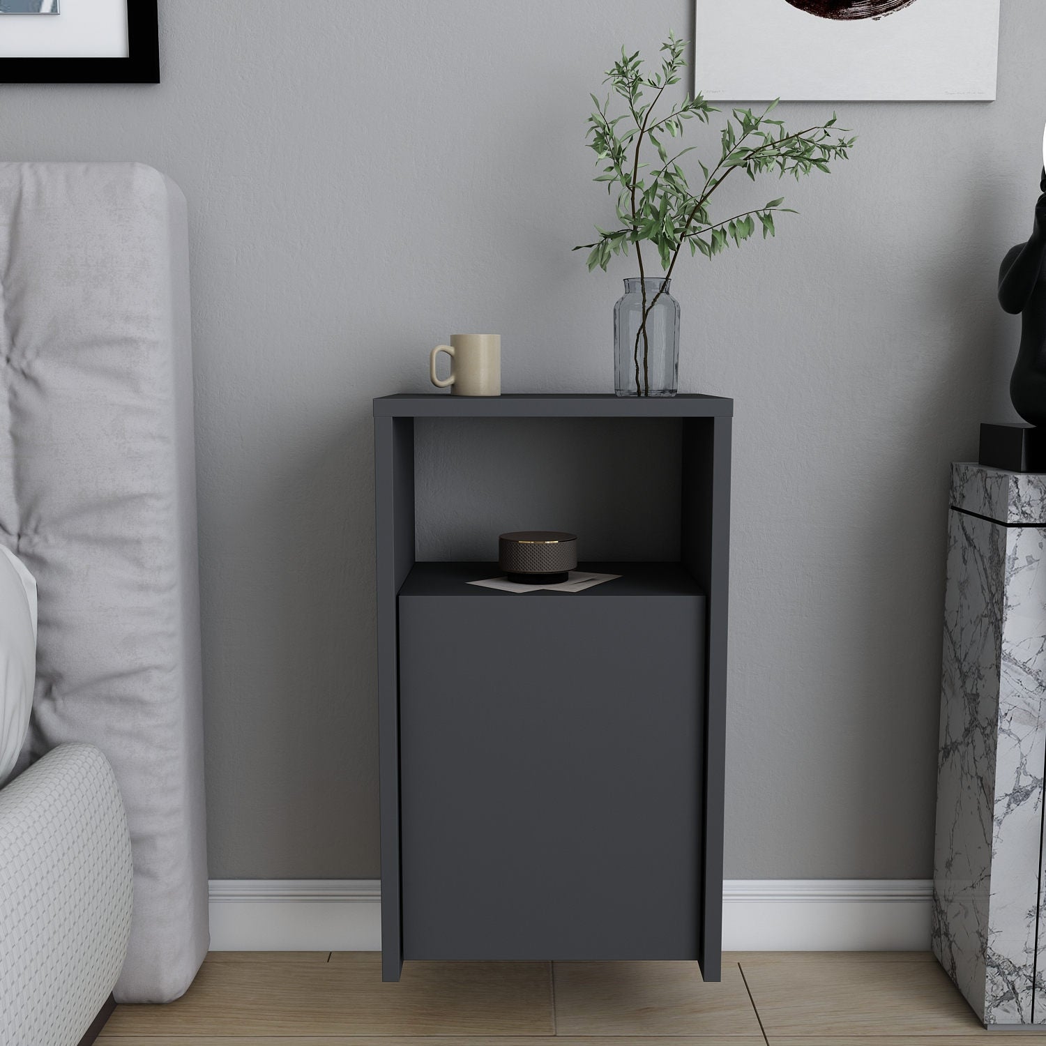 Mesa de Cabeceira Escandinava, Antracite, 36 x 25,3 x 61,4 cm | Painel de Partículas 100% Revestido em Melamina, 18 mm de Espessura | Elegante e Funcional para Quartos Modernos