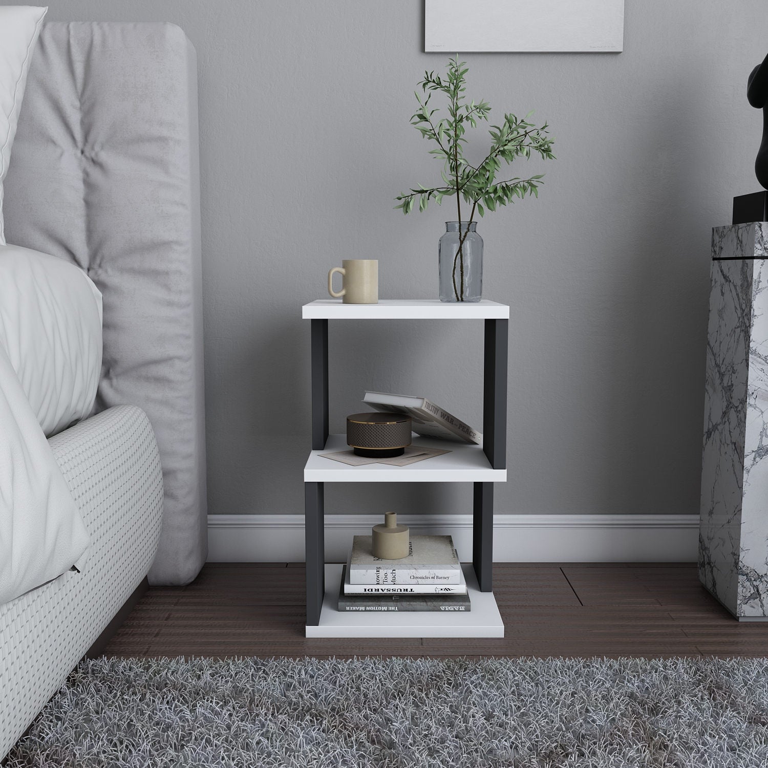 Mesa de Cabeceira Escandinava, Branca e Antracite, 29,6 x 29,6 x 49,4 cm | Painel de Partículas 100% Revestido com Melamina, 18 mm de Espessura | Solução de Armazenamento Elegante e Funcional