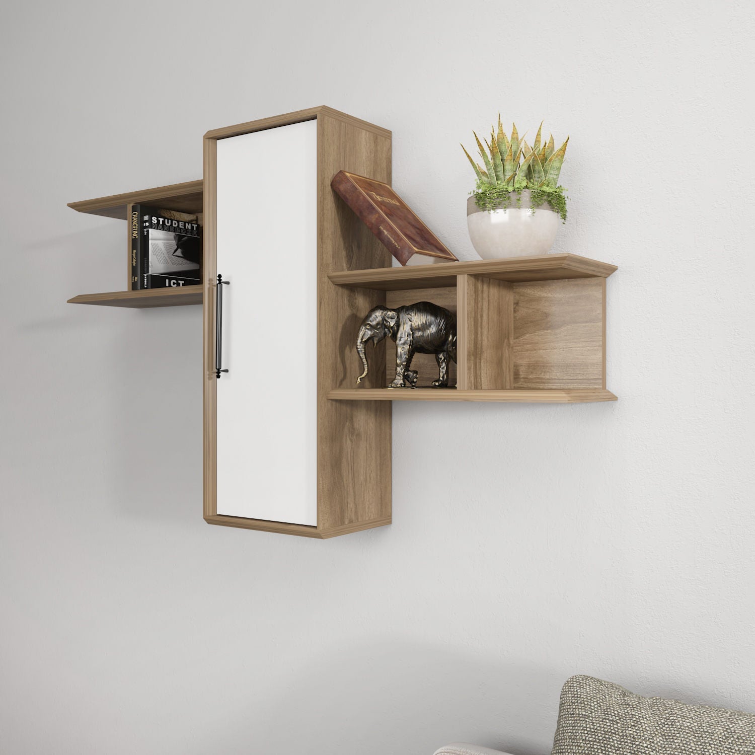 Prateleira de parede elegante, nogueira e branca, 118,6 x 35 x 51,8 cm | Painel de partículas 100% revestido de melamina, 18 mm de espessura | Perfeito para decoração e armazenamento de casa moderna
