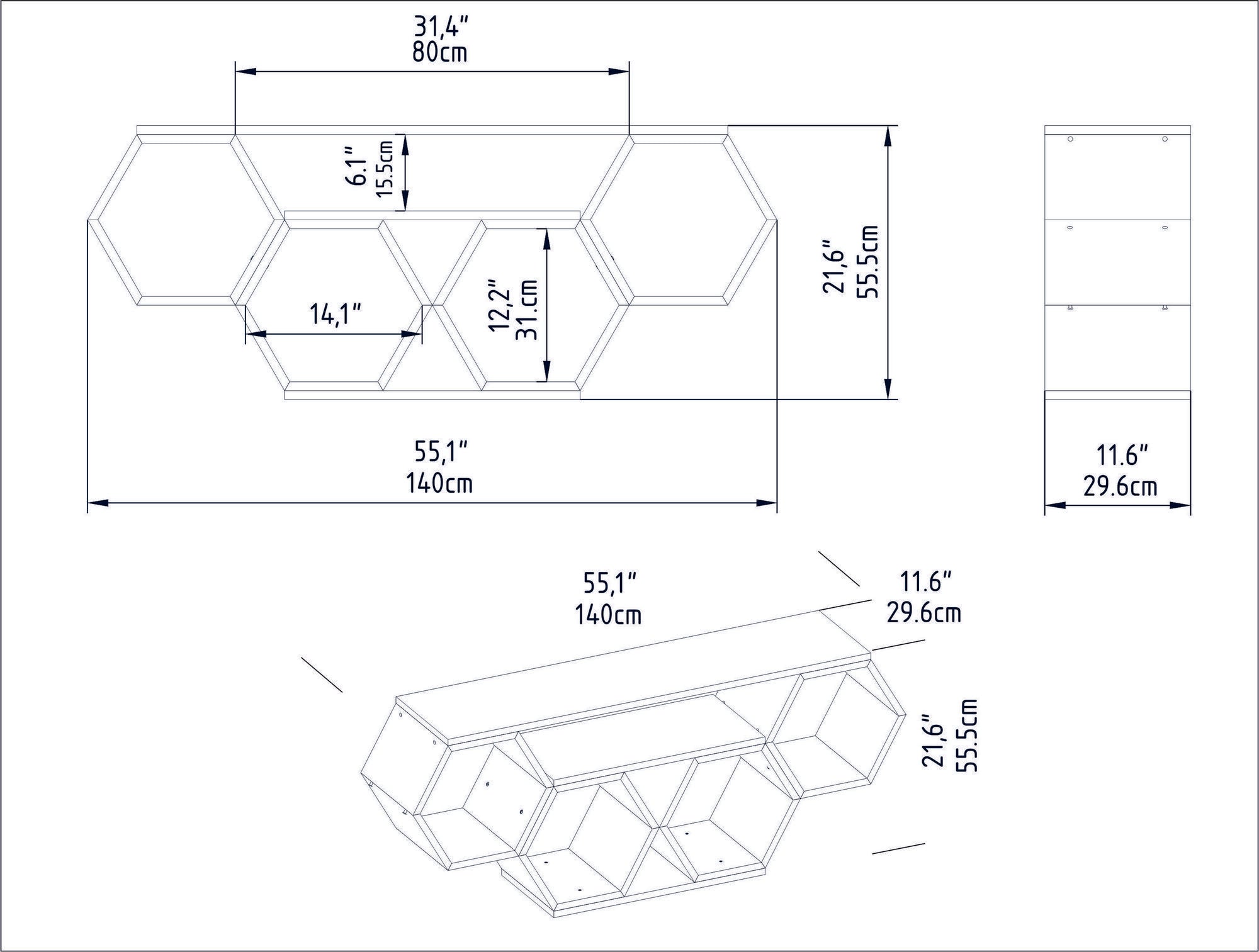 Móvel de TV elegante, Branco e Sonamo, 140 x 29,6 x 55,5 cm | Painel de partículas 100% revestido em melamina, 18 mm de espessura | Design moderno para salas de estar e espaços de entretenimento