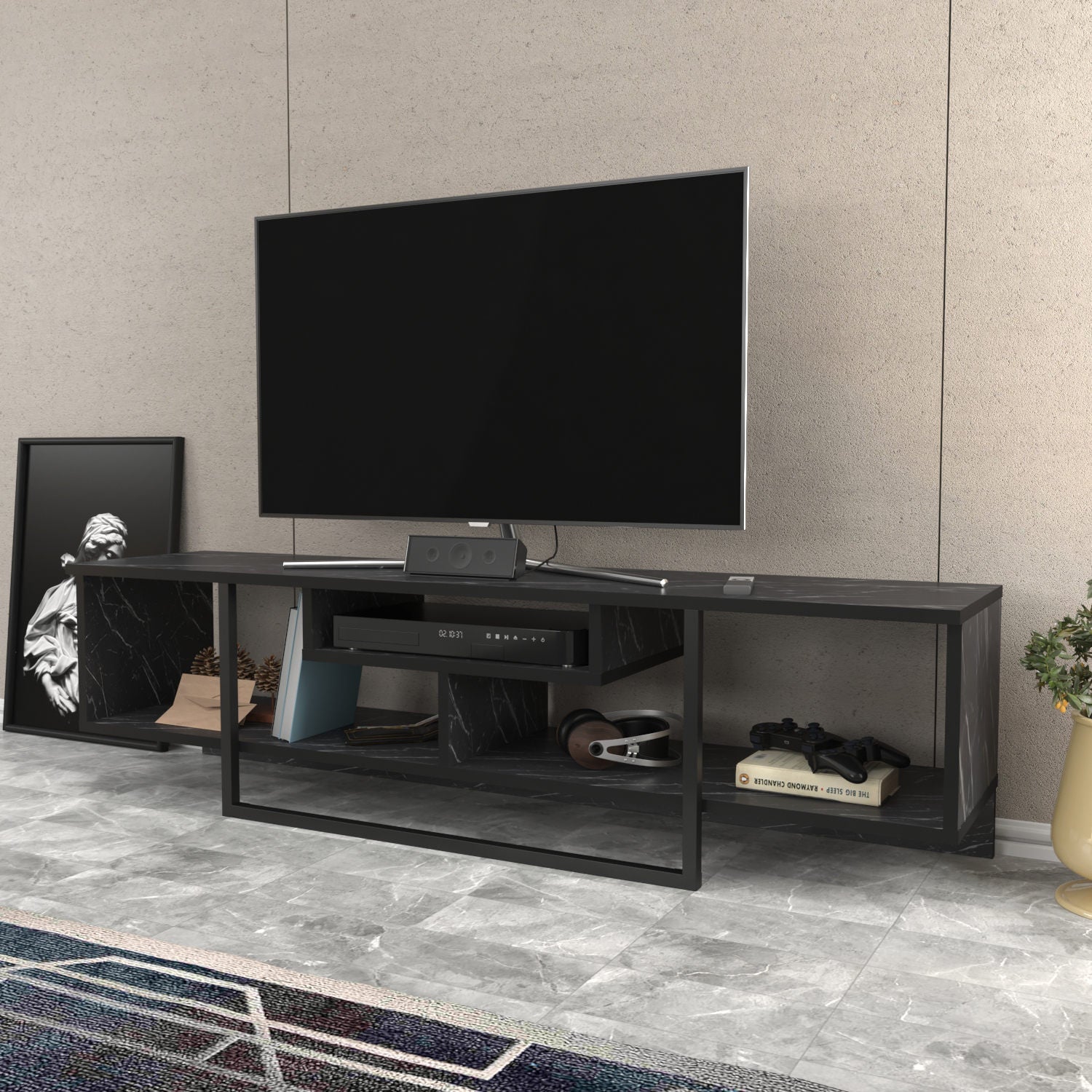 Móvel de TV elegante preto, 150 cm de largura, 35,2 cm de profundidade, 40 cm de altura | Painel de partículas 100% revestido de melamina, 18 mm de espessura | Perfeito para salas de estar modernas