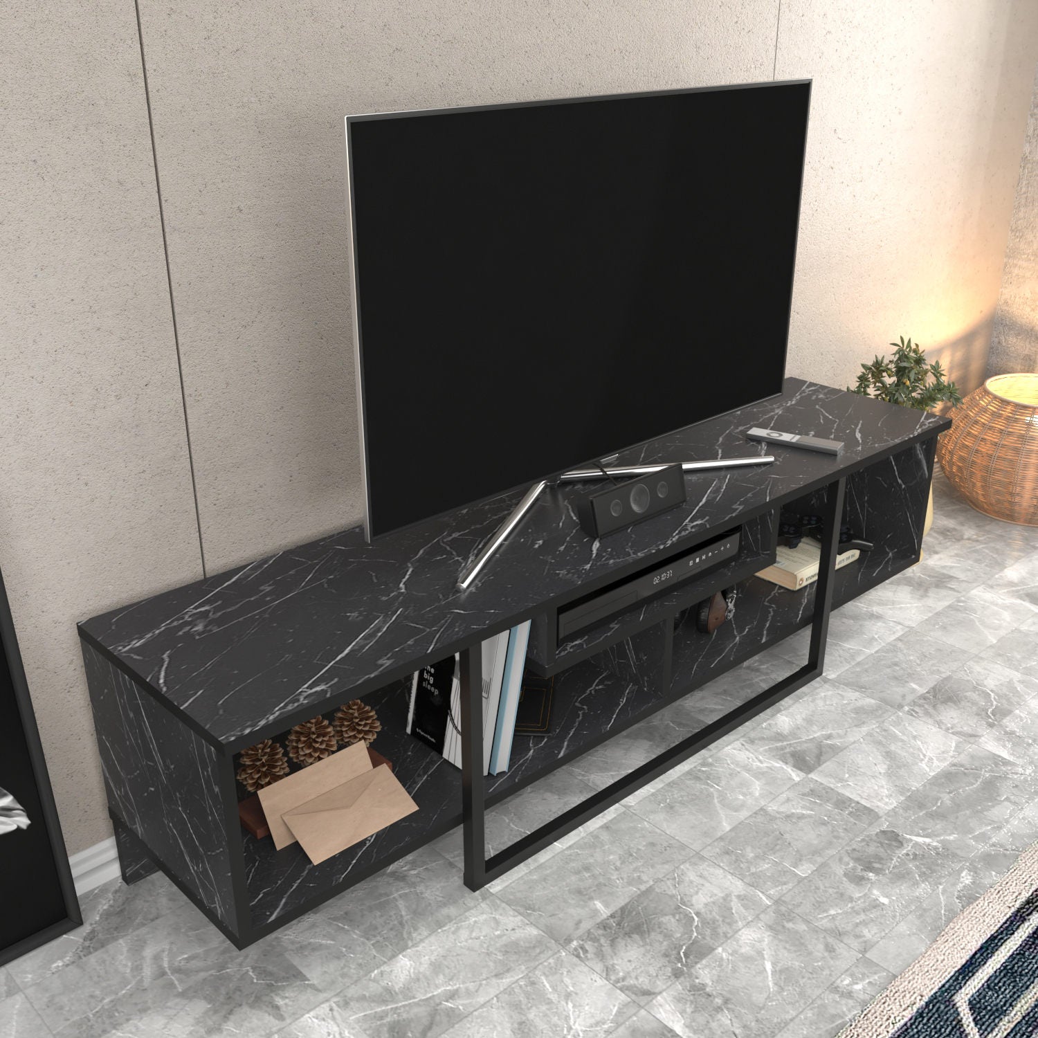 Móvel de TV elegante preto, 150 cm de largura, 35,2 cm de profundidade, 40 cm de altura | Painel de partículas 100% revestido de melamina, 18 mm de espessura | Perfeito para salas de estar modernas