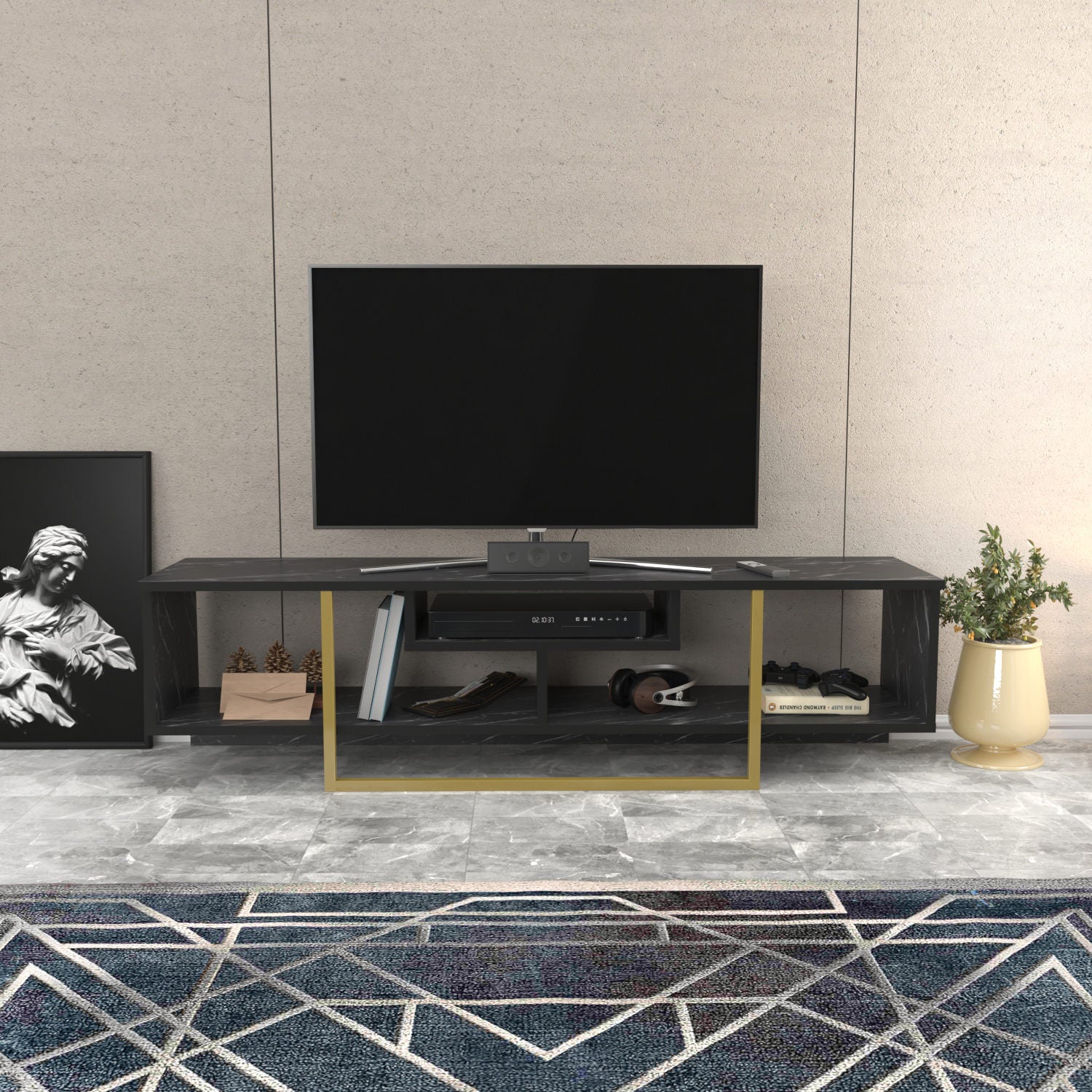 Móvel de TV Glamouroso, Preto e Dourado, 150 cm x 35,2 cm x 40 cm | Painel de partículas 100% revestido em melamina, 18 mm de espessura | Elegante e funcional para salas de estar modernas