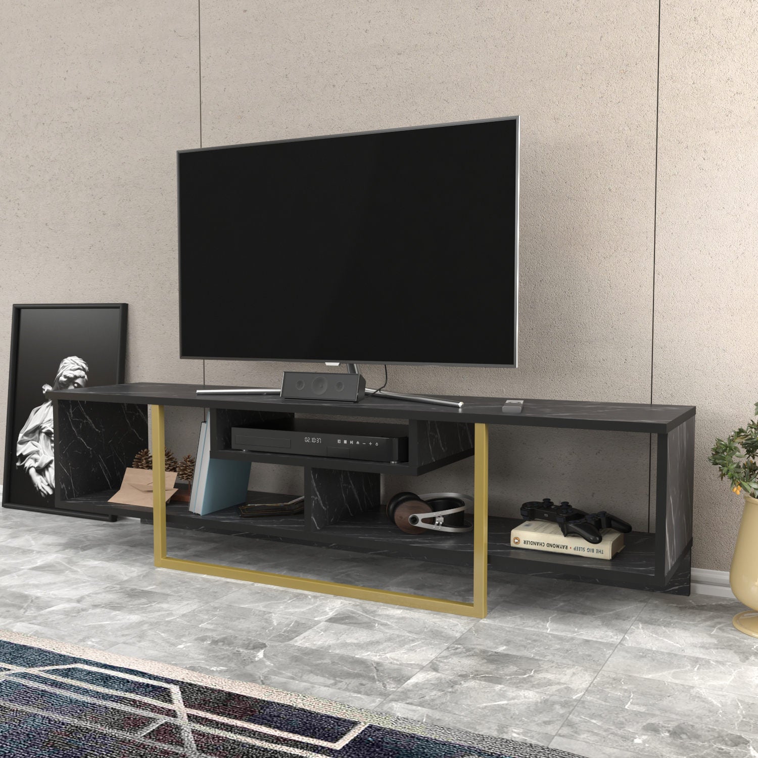Móvel de TV Glamouroso, Preto e Dourado, 150 cm x 35,2 cm x 40 cm | Painel de partículas 100% revestido em melamina, 18 mm de espessura | Elegante e funcional para salas de estar modernas